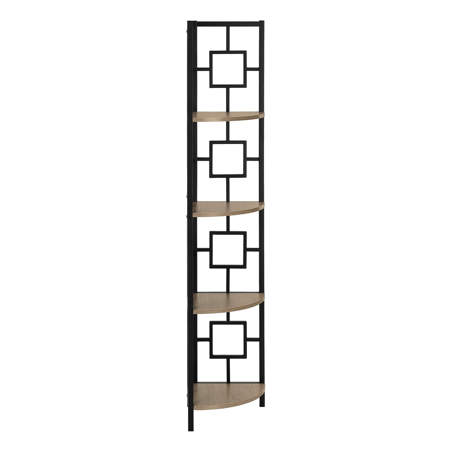 Modern geometric black metal corner shelf with light oak wood