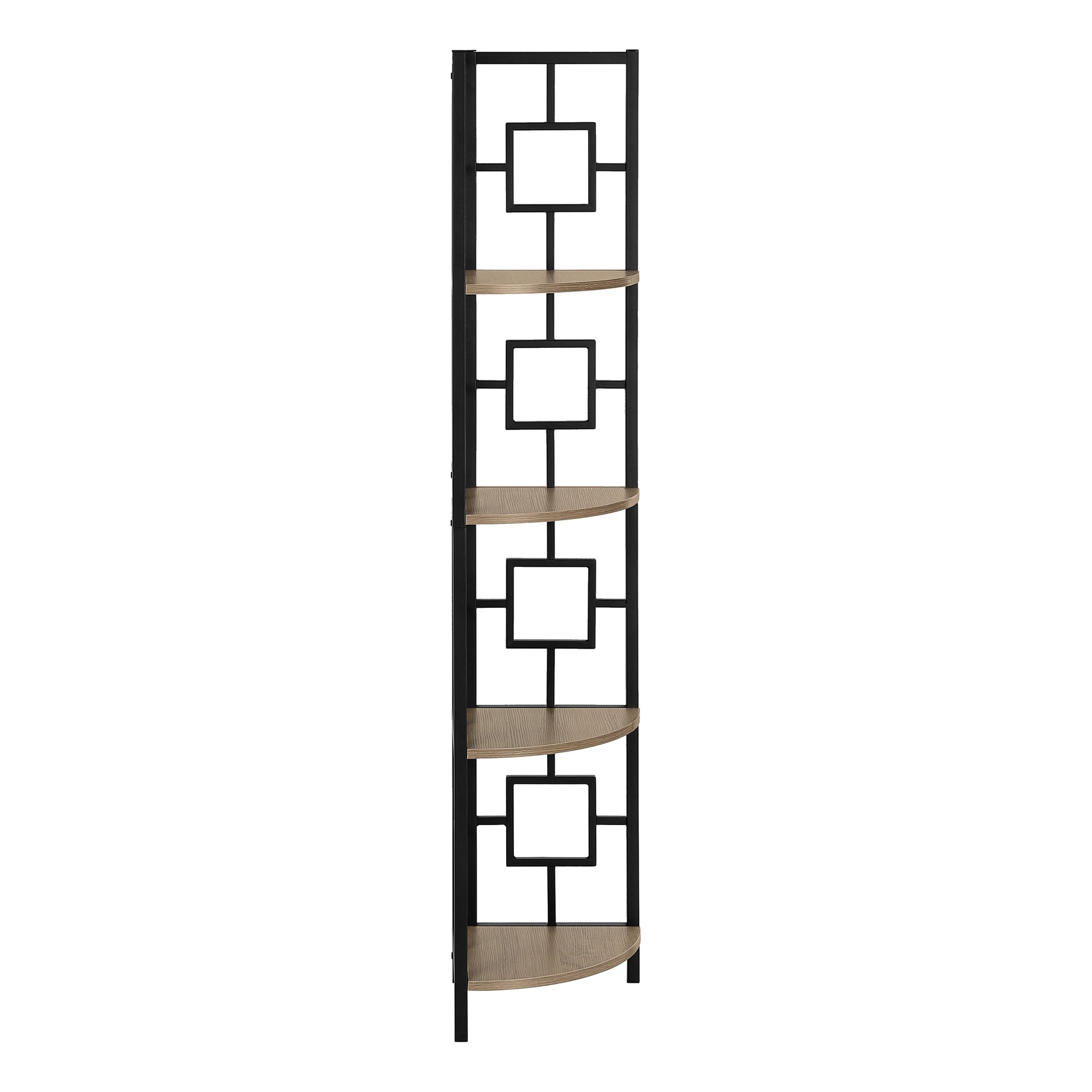 Modern geometric black metal corner shelf with light oak wood