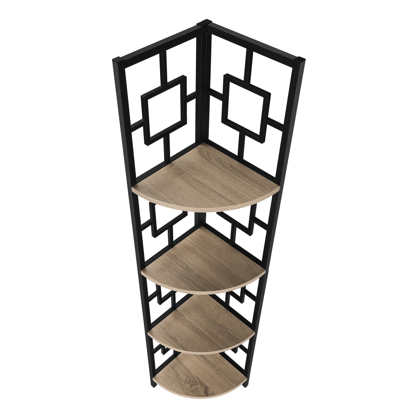 Black metal corner shelf with wood grain shelves and geometric accents