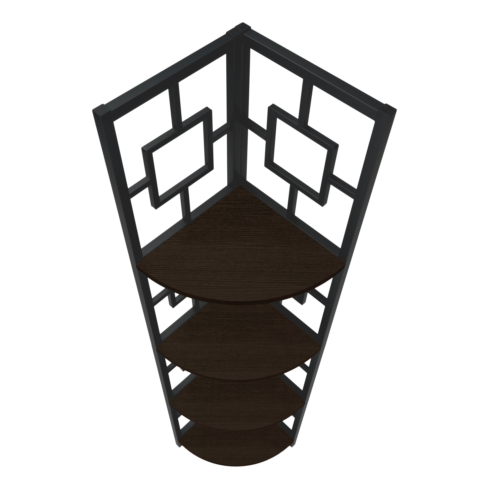 Black metal corner shelf with dark wood grain shelves