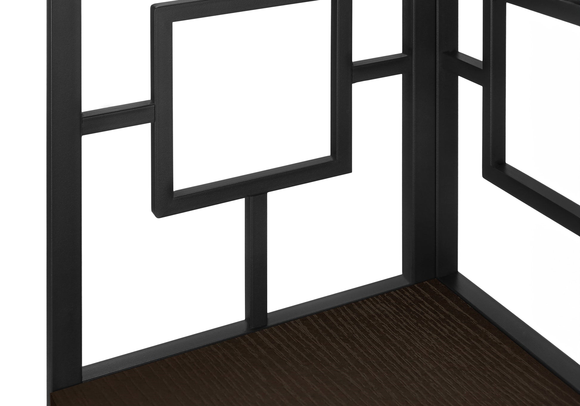 Black metal frame shelving unit with geometric pattern and dark wood shelf