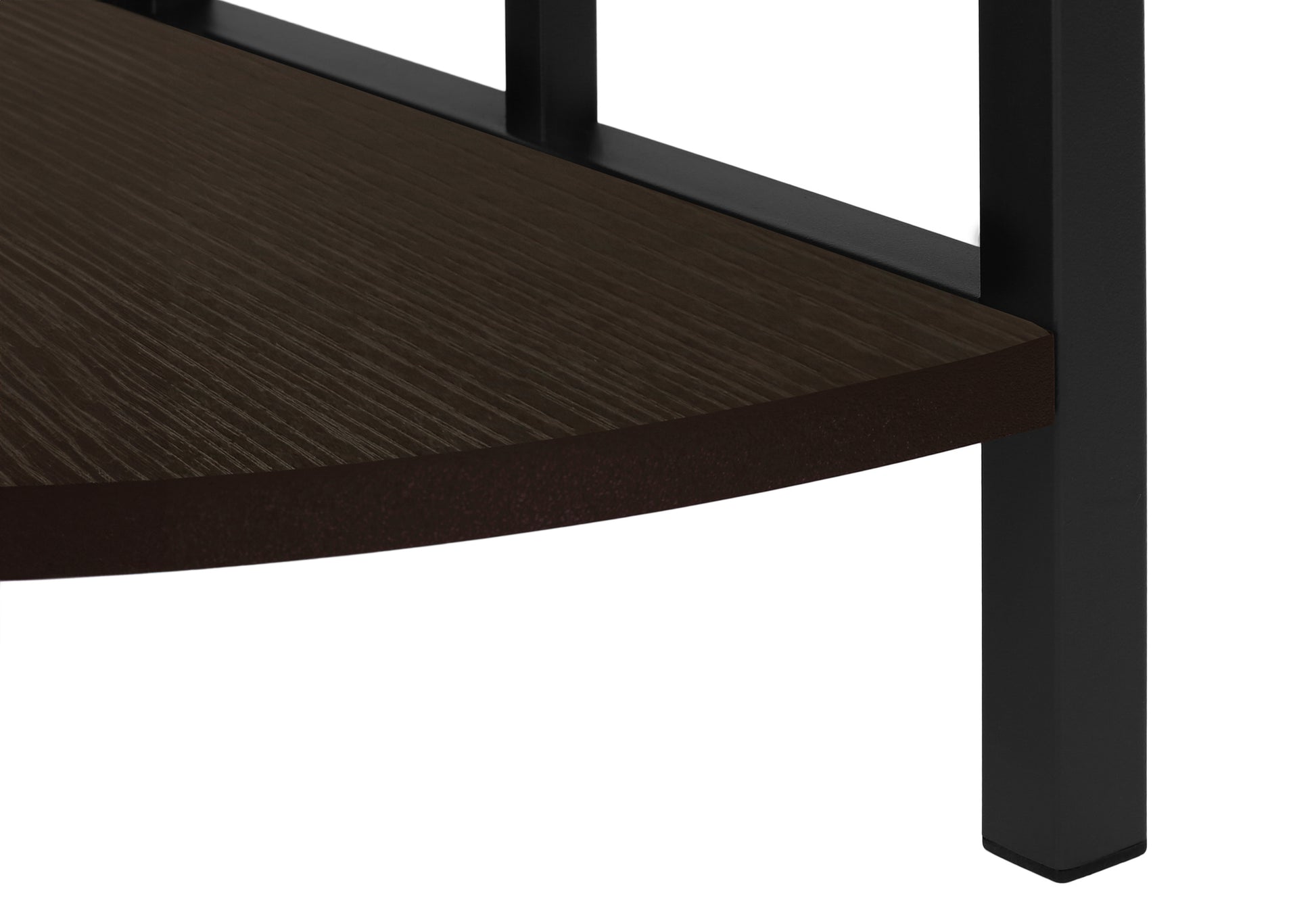 Dark wood grain shelf on a metal frame