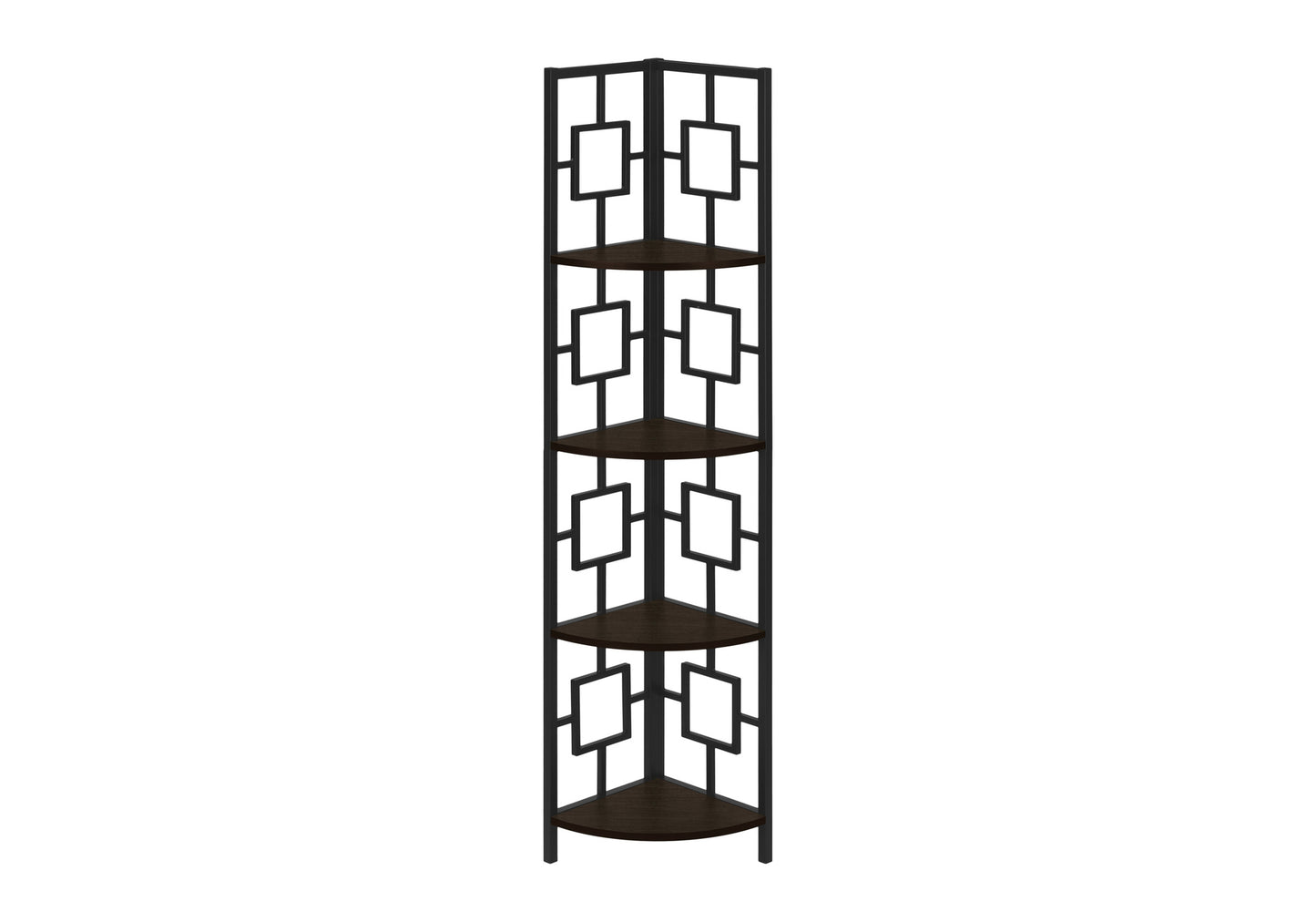 Black metal corner shelf with five dark wood shelves and geometric cutouts