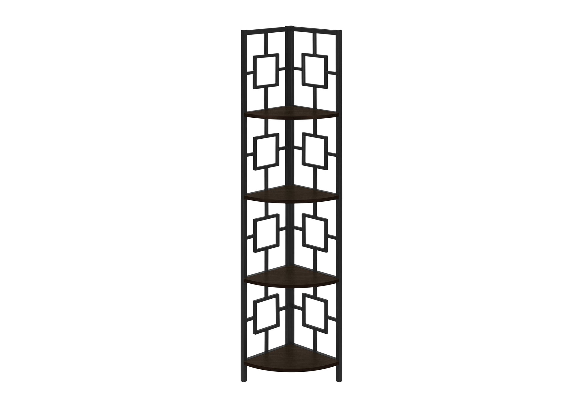 Black metal corner shelf with five dark wood shelves and geometric cutouts