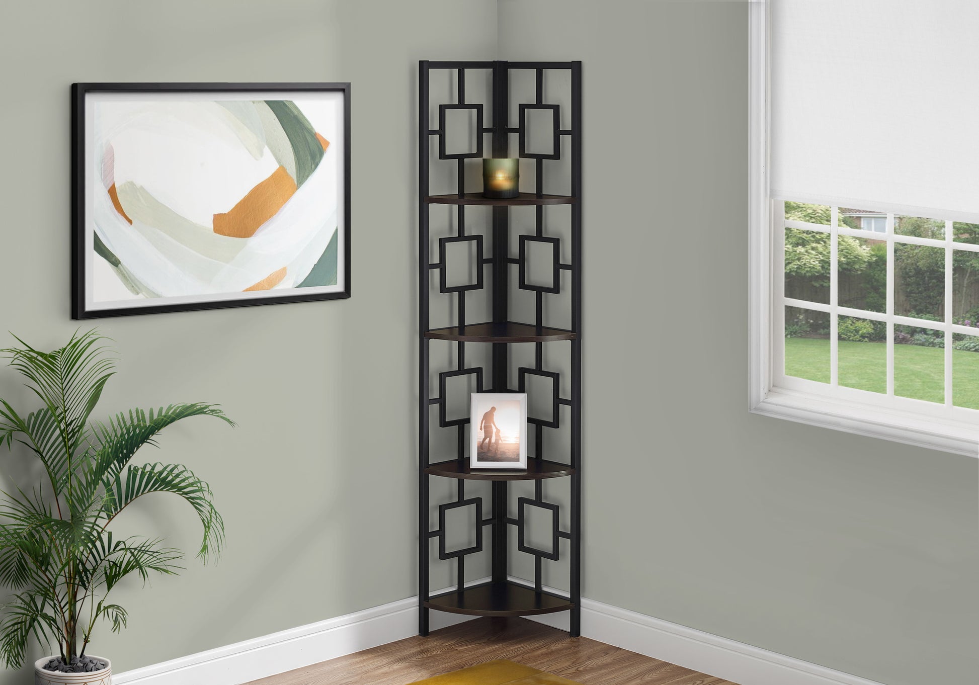 Black metal corner shelf with geometric design and dark wood shelves