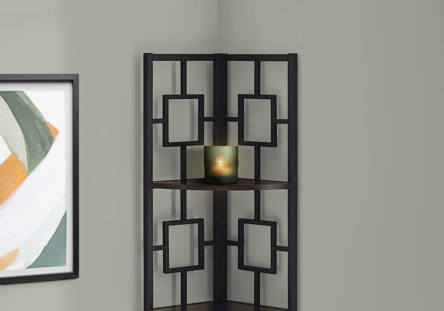 Black metal geometric corner shelf with dark wood