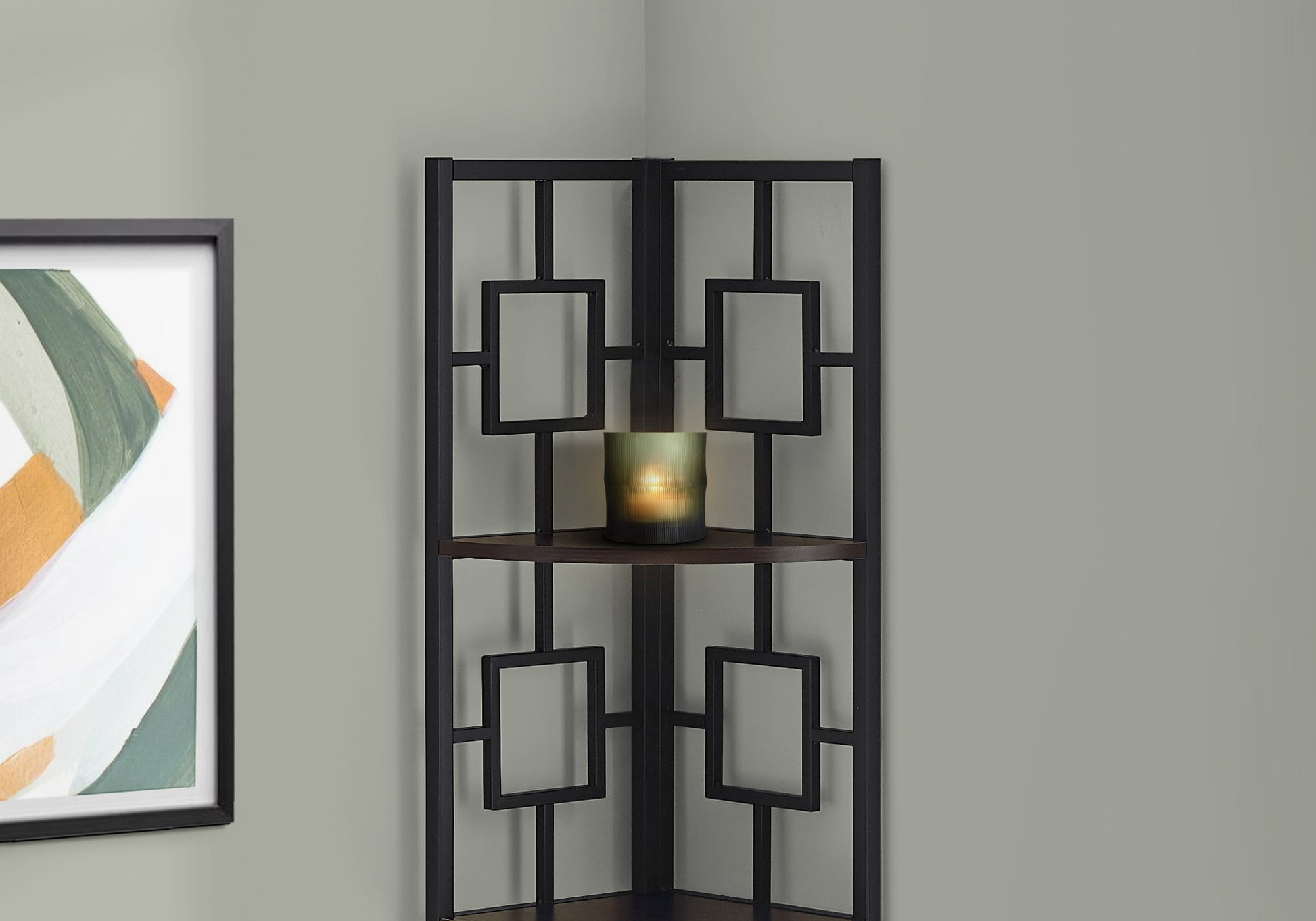 Black metal geometric corner shelf with dark wood