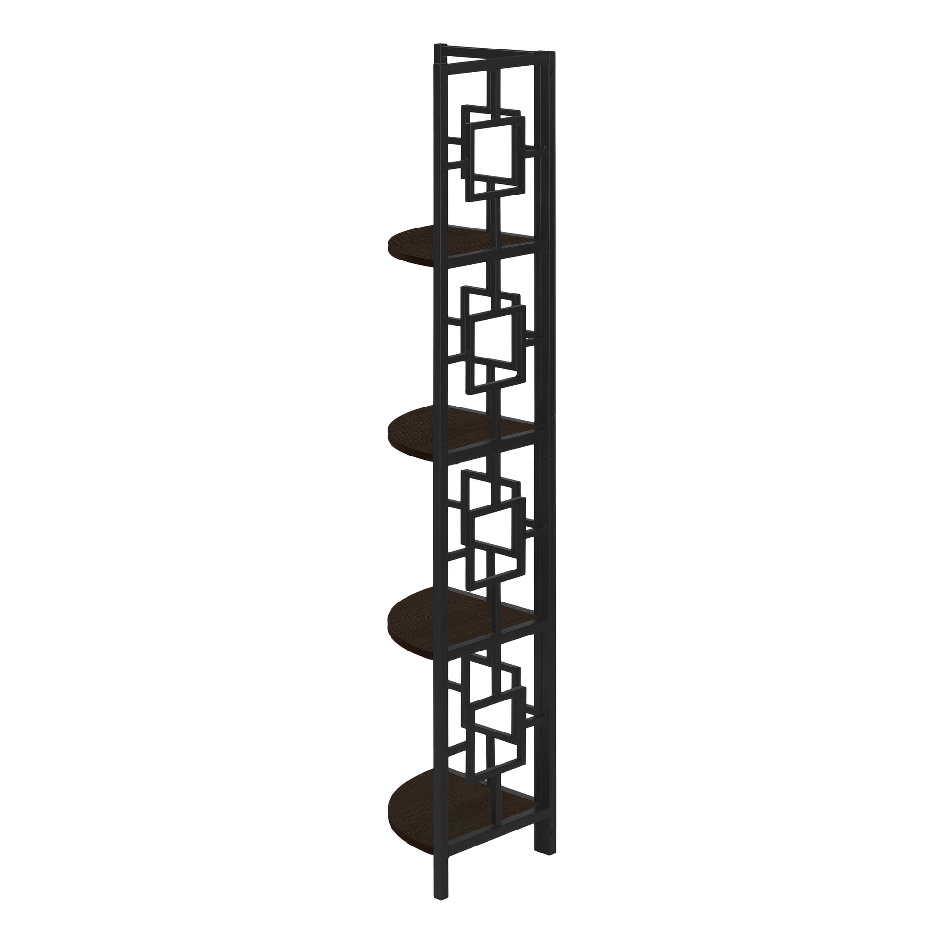 Black metal geometric bookshelf with dark wood shelves