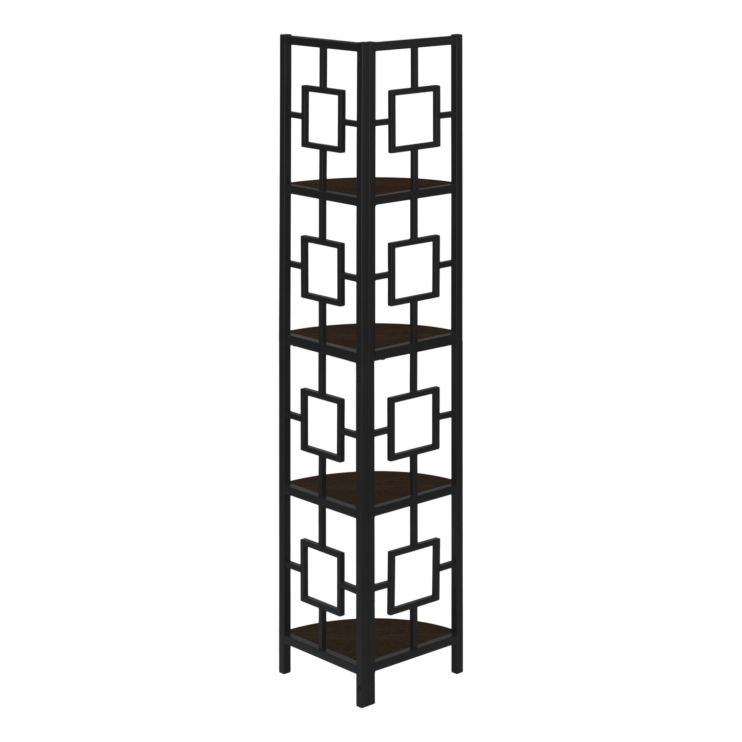 Black metal corner shelf with geometric pattern