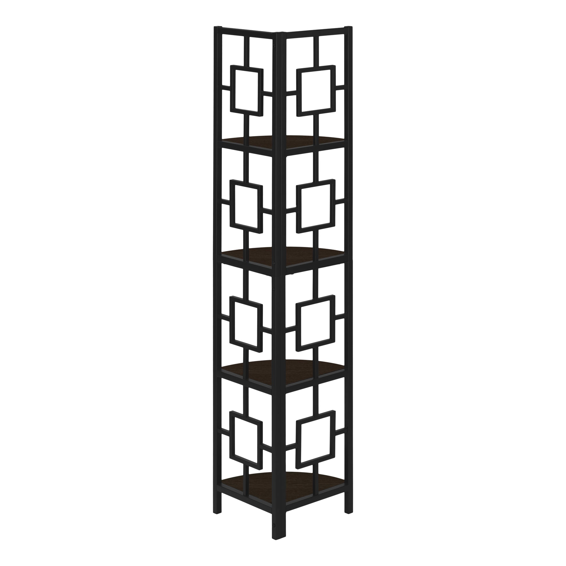 Black metal corner shelf with geometric pattern