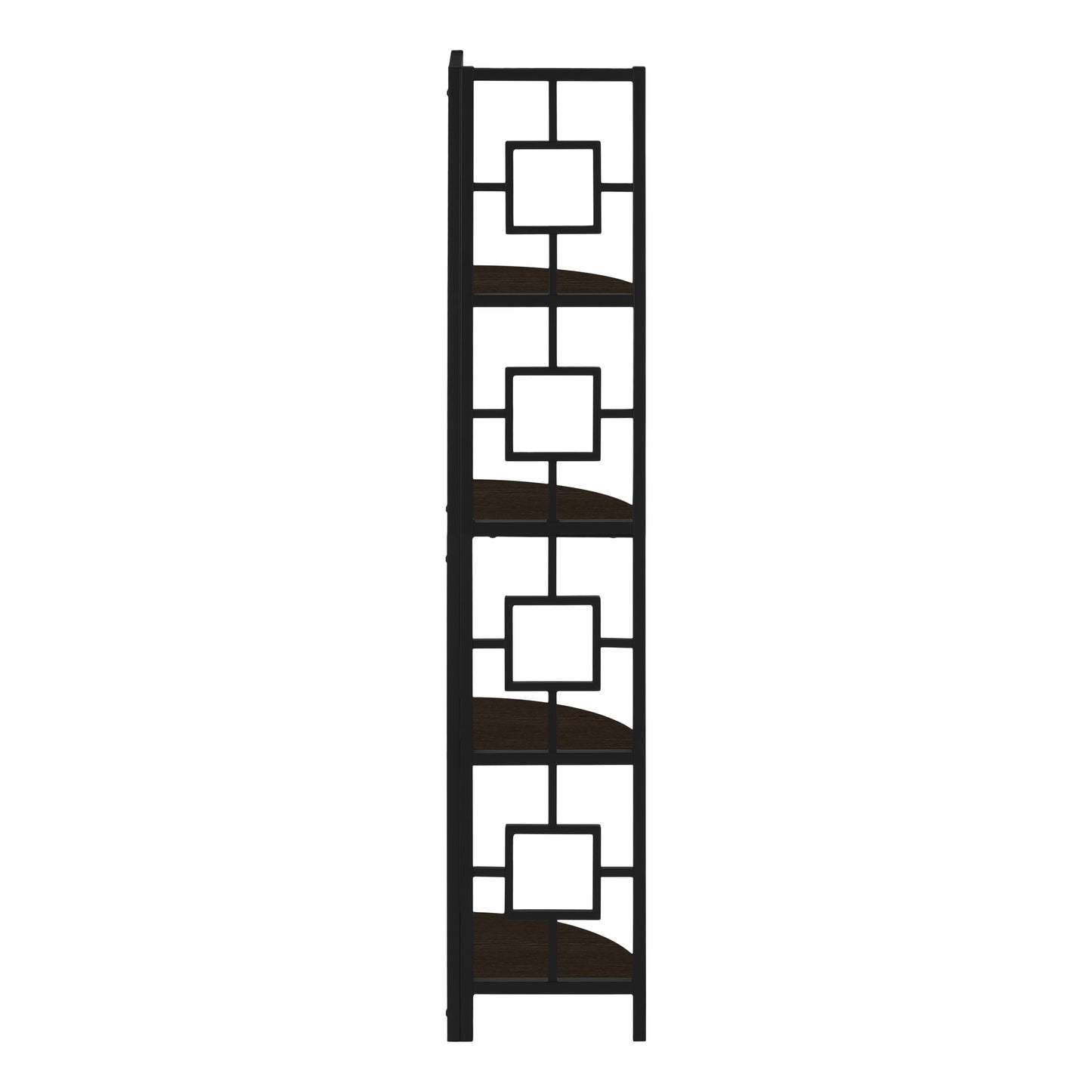 Tall black metal bookshelf with geometric openings and dark wood shelves
