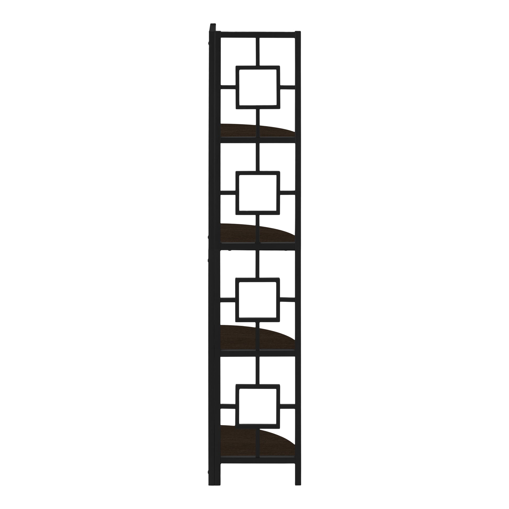 Tall black metal bookshelf with geometric openings and dark wood shelves