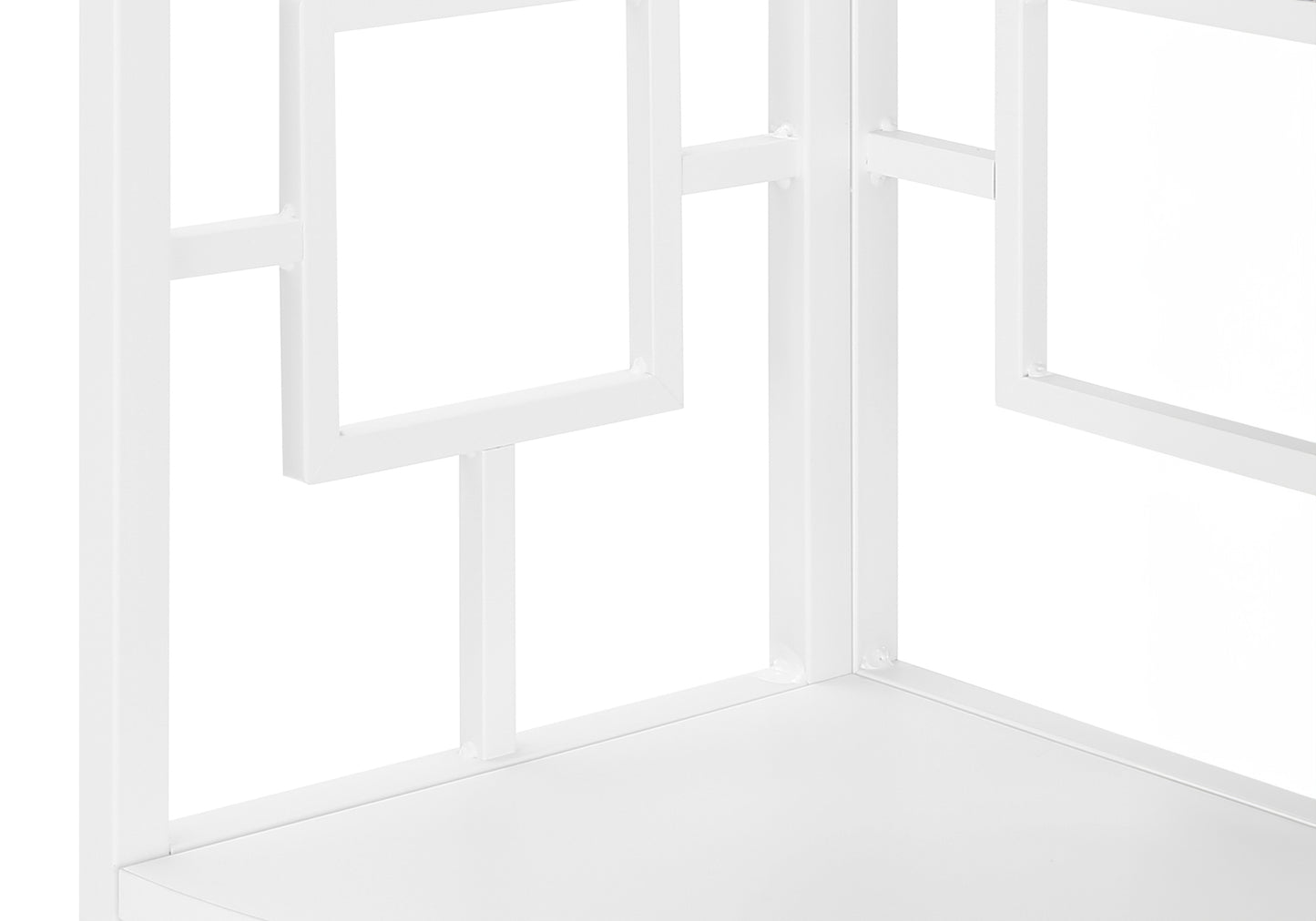 White metal shelf unit frame with geometric open shelving