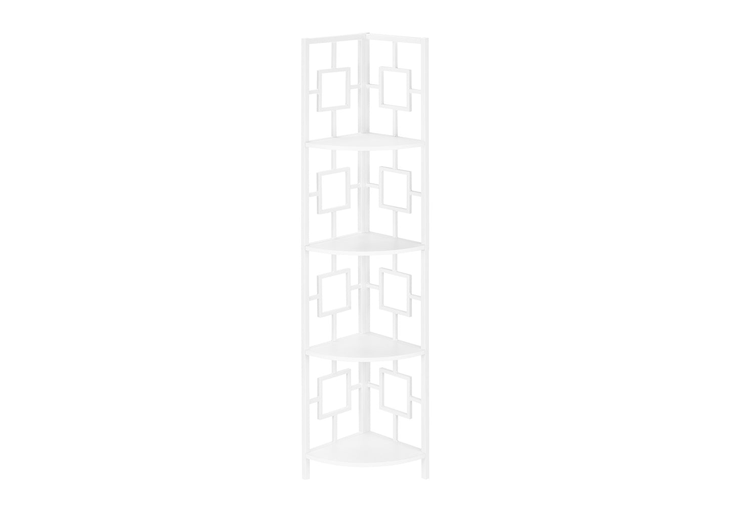 White metal corner shelf unit with five tiers and geometric cutouts