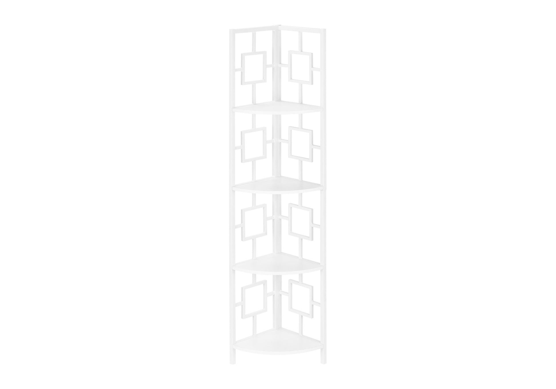 White metal corner shelf unit with five tiers and geometric cutouts