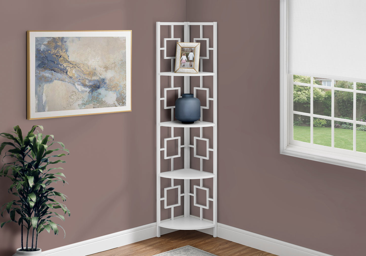 White geometric corner shelf with modern design
