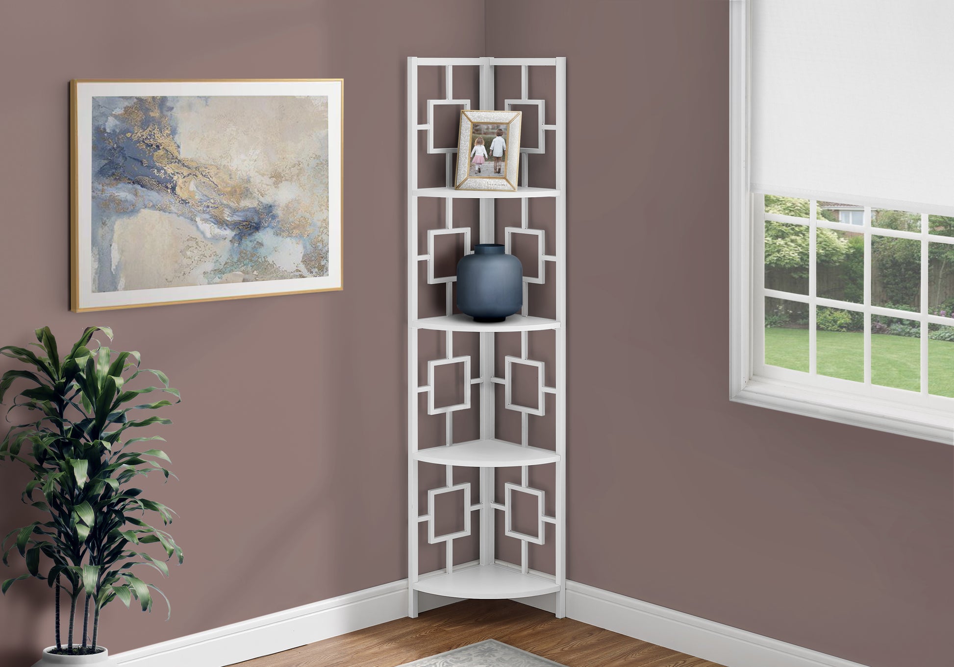 White modern corner shelf unit with geometric design