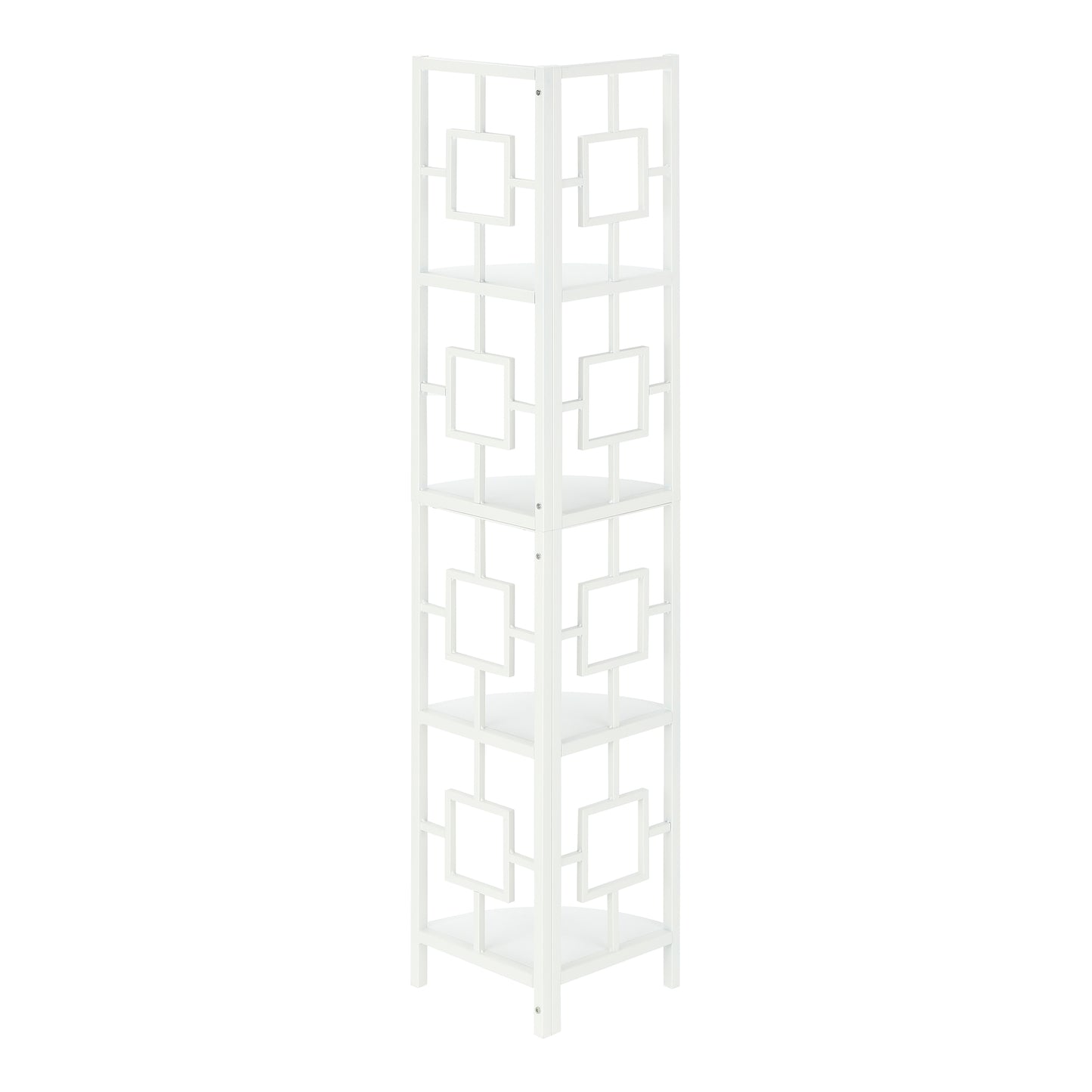 White geometric corner shelf with five tiers and intricate square cutouts