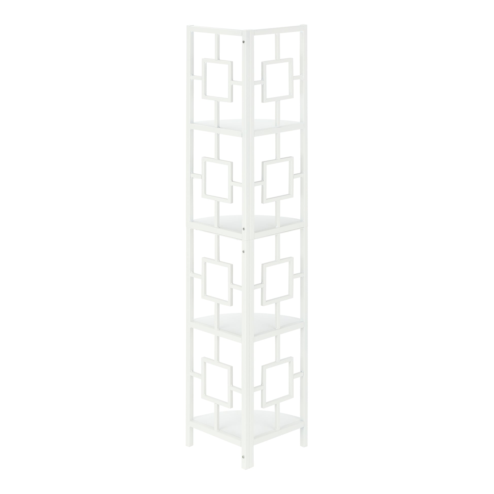 White geometric corner shelf with five tiers and intricate square cutouts
