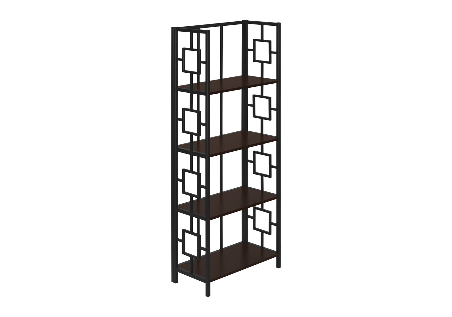 Tall black metal bookshelf with dark wood shelves and geometric open sides