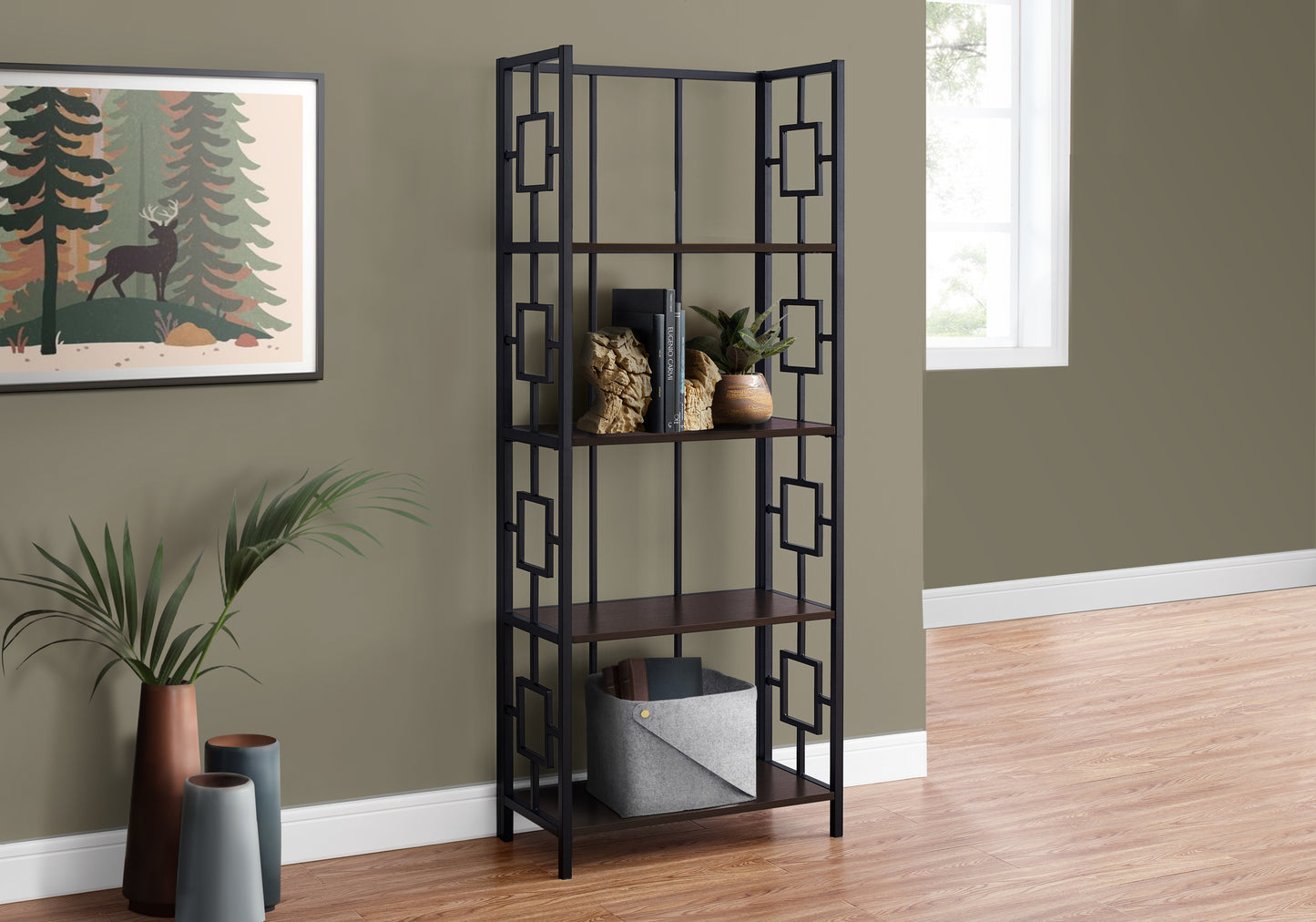 Dark metal bookshelf with geometric accents and dark wood shelves