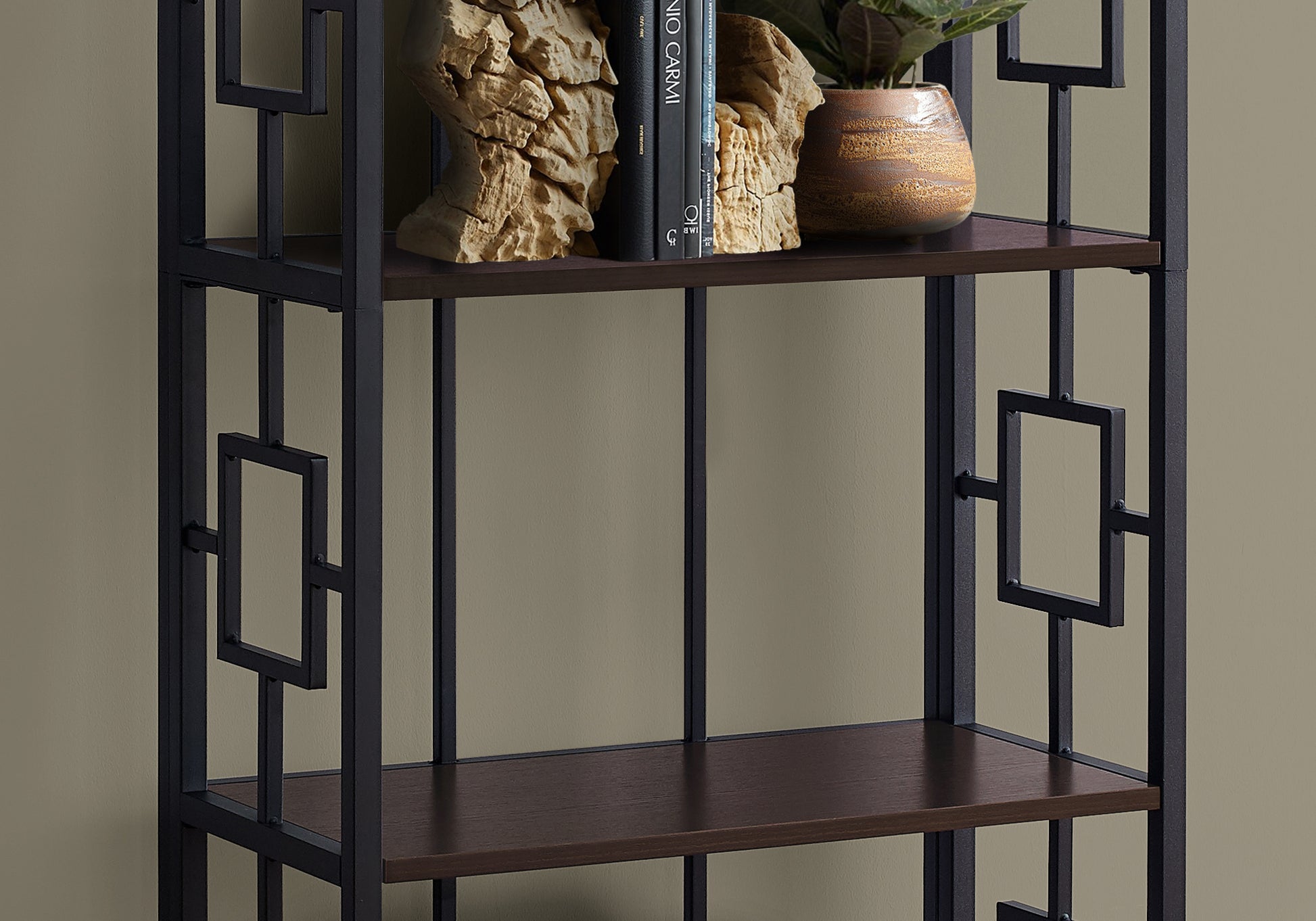 Black metal etagere bookshelf with dark wood shelves and geometric side accents