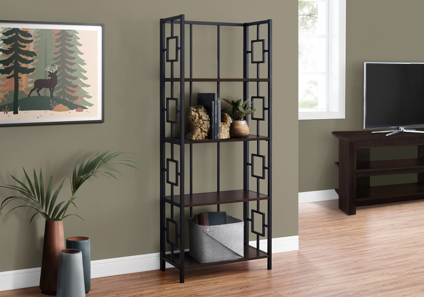 Tall black metal bookshelf with dark wood shelves and geometric accents