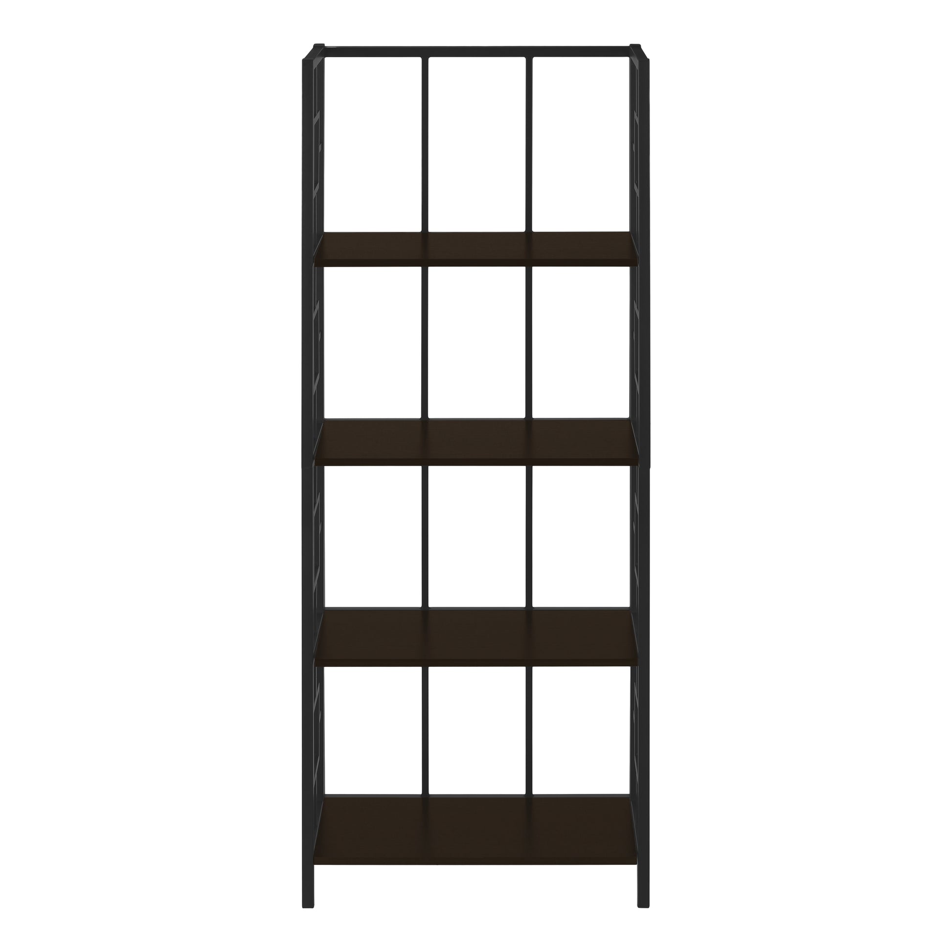 Black metal industrial bookshelf with dark wood shelves