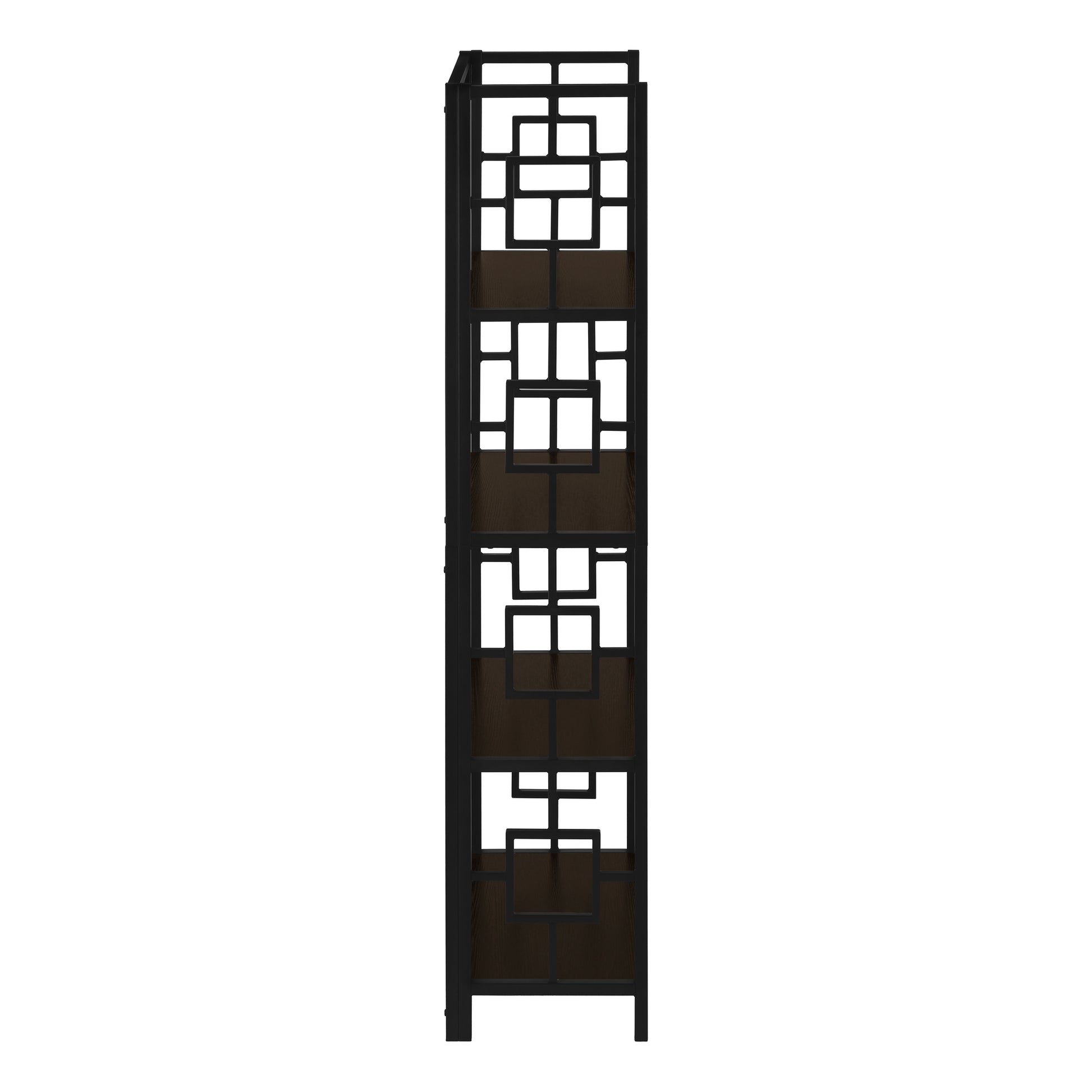 Black metal bookshelf with geometric cutouts and dark wood shelves