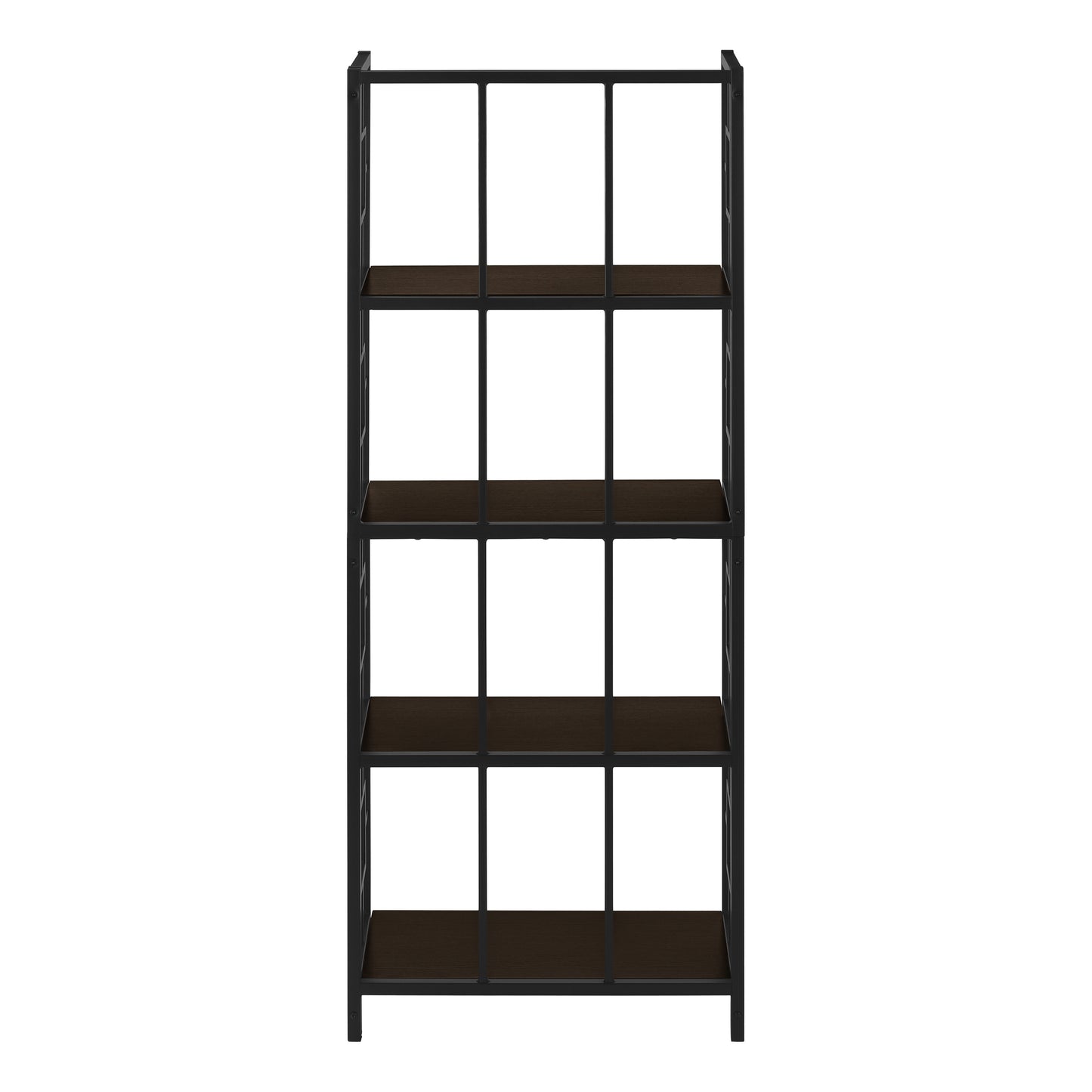 Modern black metal shelving unit with dark wood shelves  tiers and  compartments for display