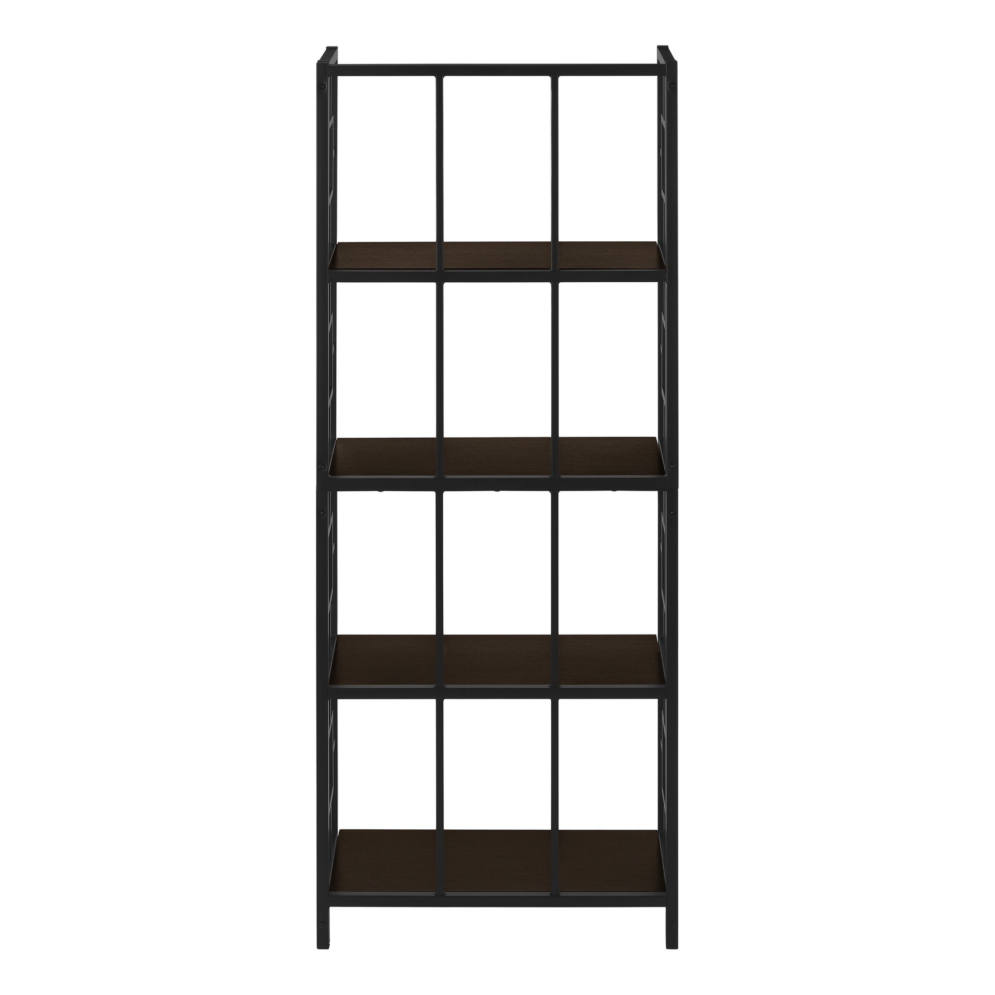 Modern black metal shelving unit with dark wood shelves  tiers and  compartments for display
