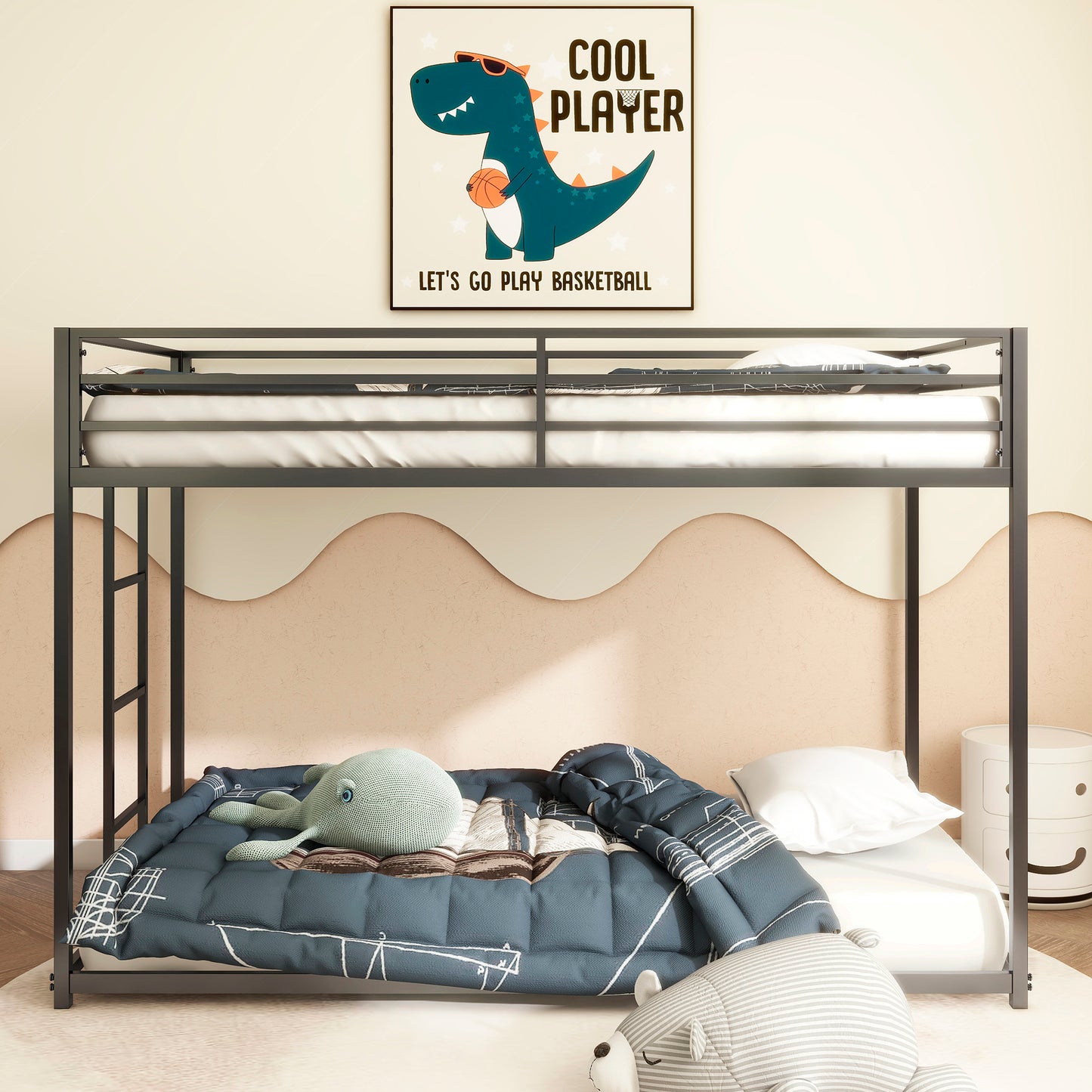 Gray metal twin bunk bed with white mattresses and blue patterned comforter
