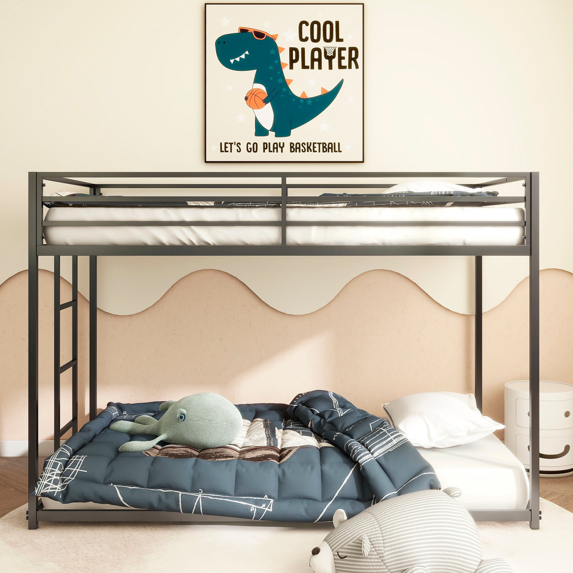 Gray metal twin bunk bed with white mattresses and blue patterned comforter