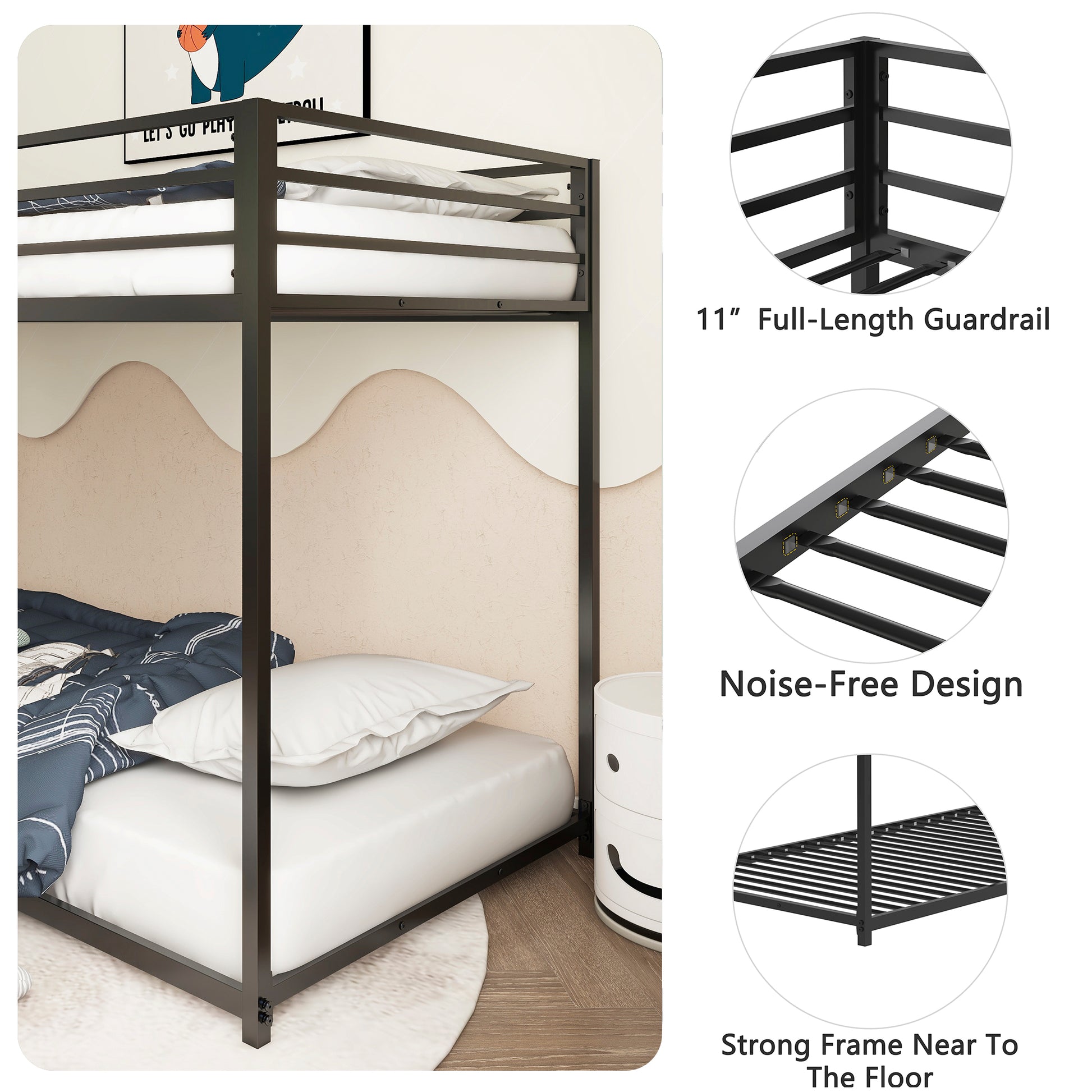 Black metal twin over twin bunk bed with white linens