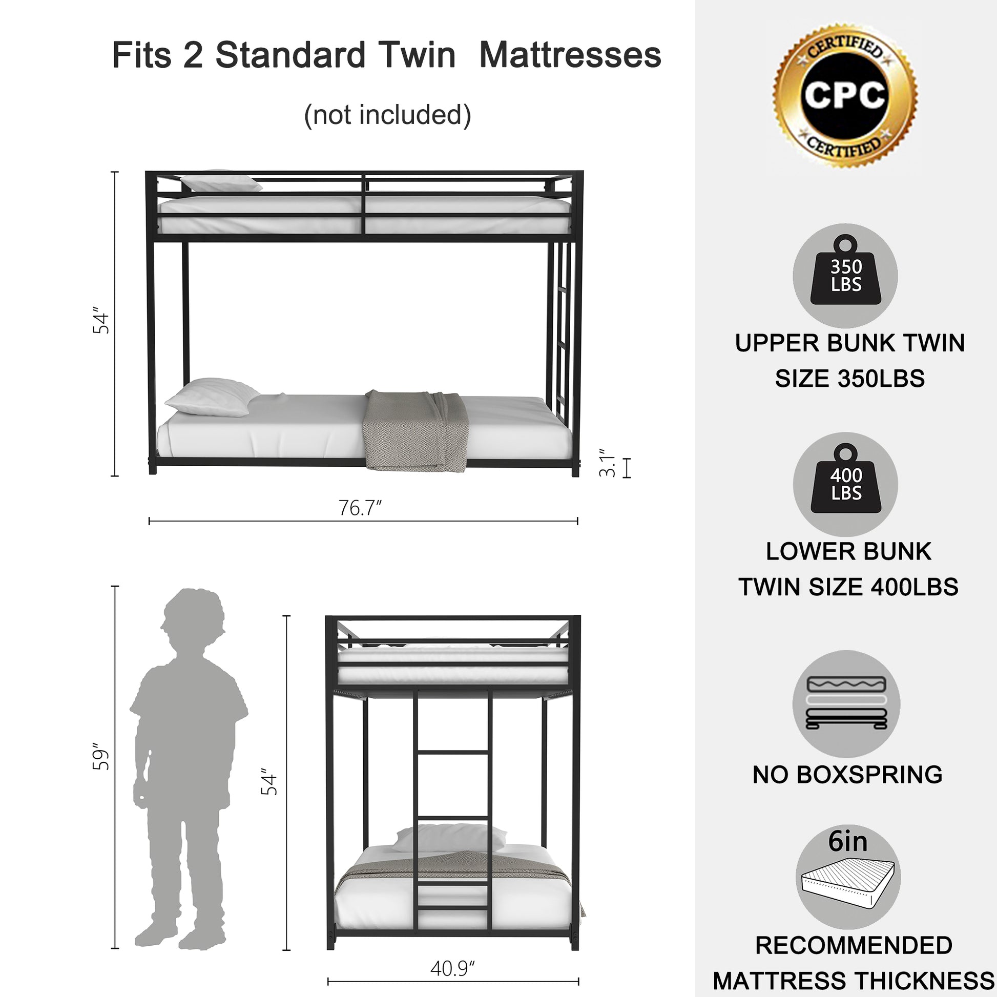 Black metal twin over twin bunk bed with ladder and safety rails Fits standard twin mattresses
