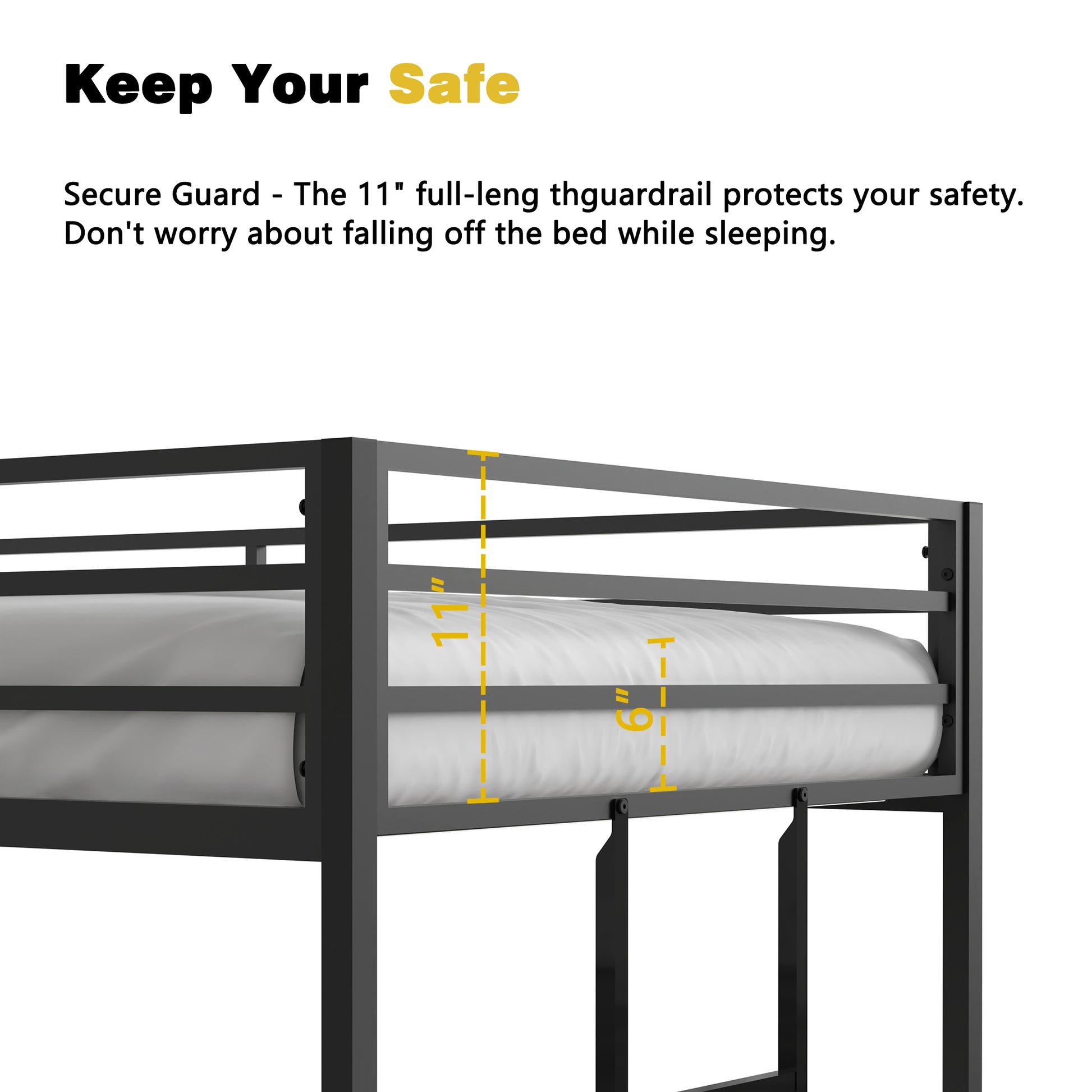Black metal bunk bed guardrail with inch height