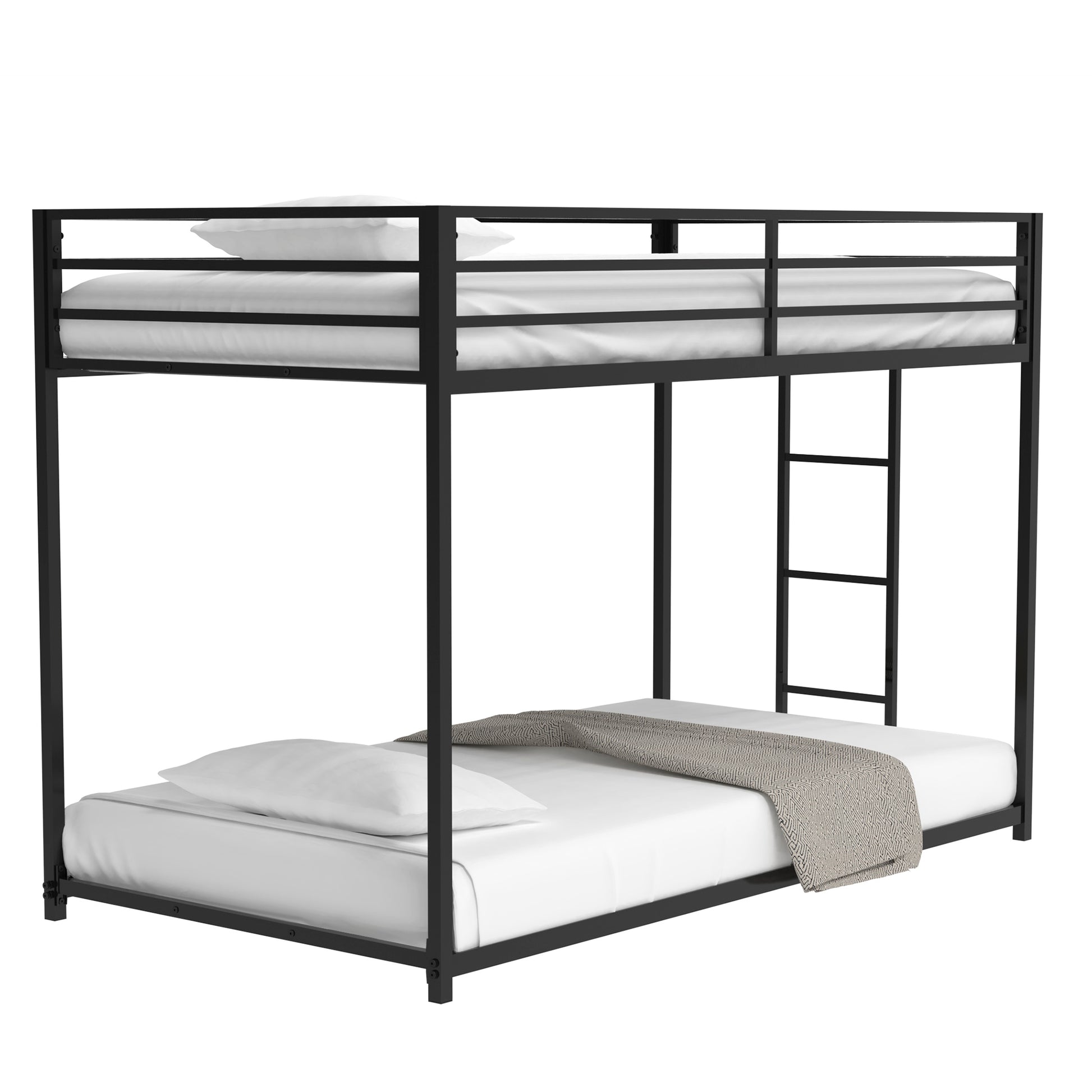 Black metal twin over twin bunk bed with white bedding