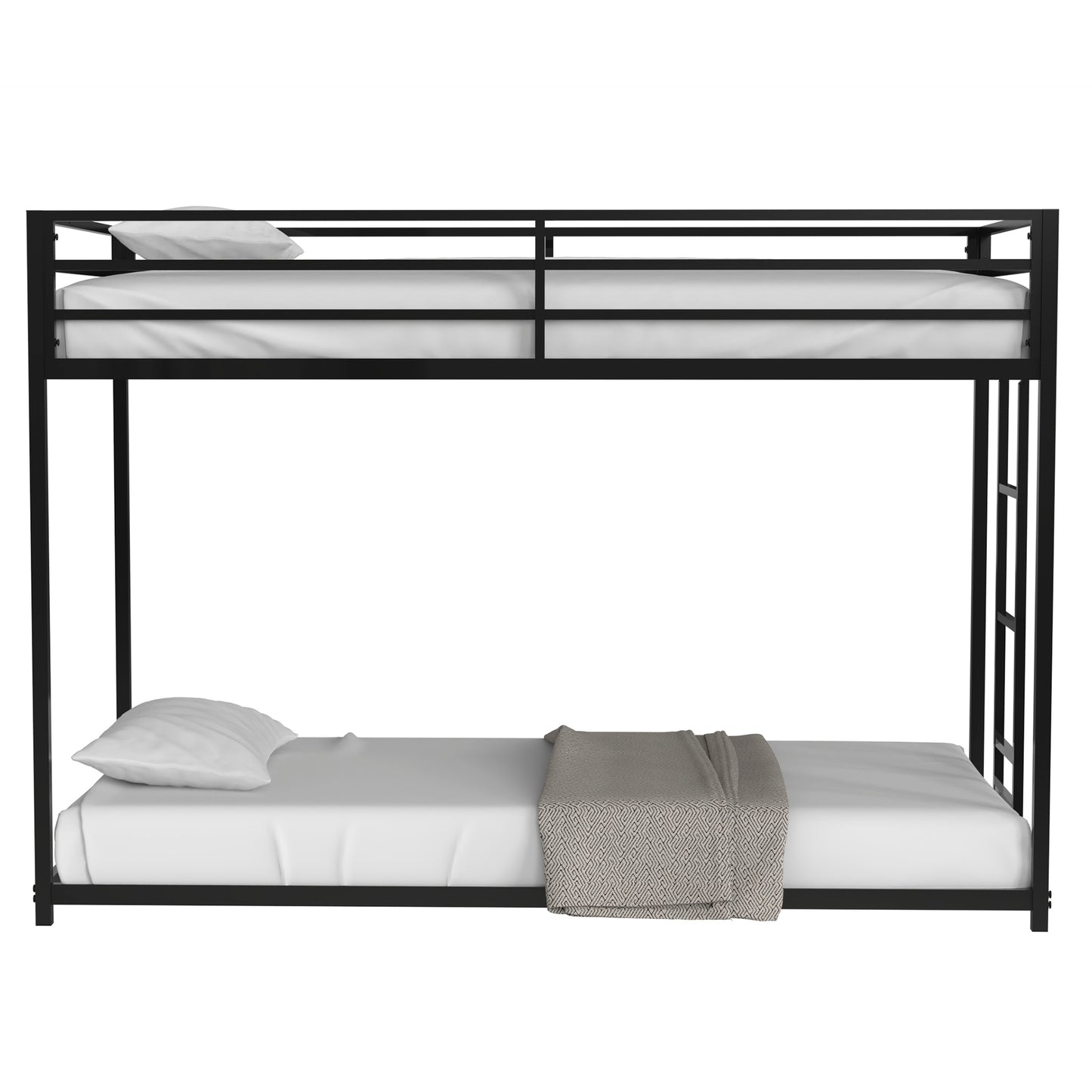 Black metal twin over twin bunk bed with white linens and pillows