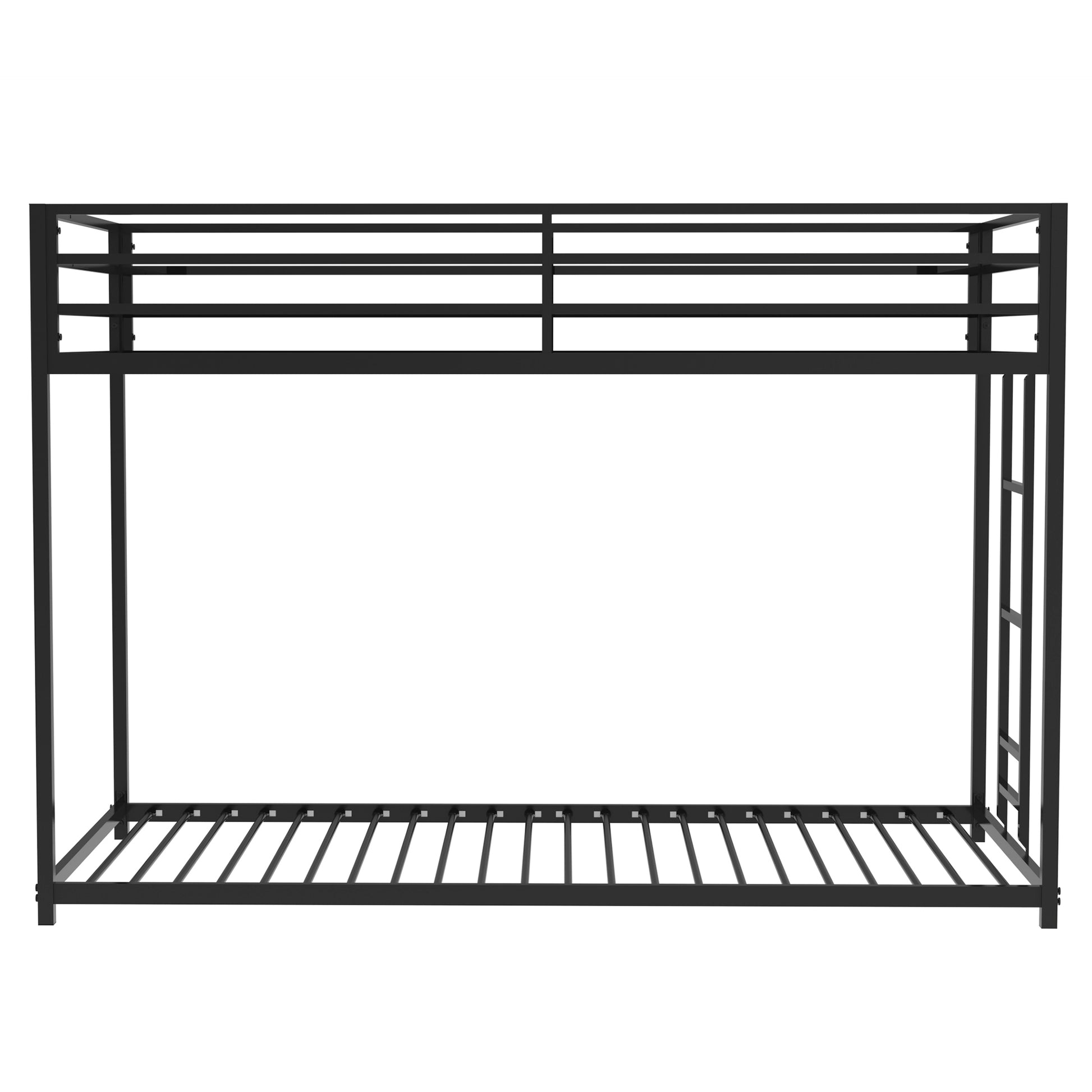 Black metal twin over twin bunk bed frame with ladder
