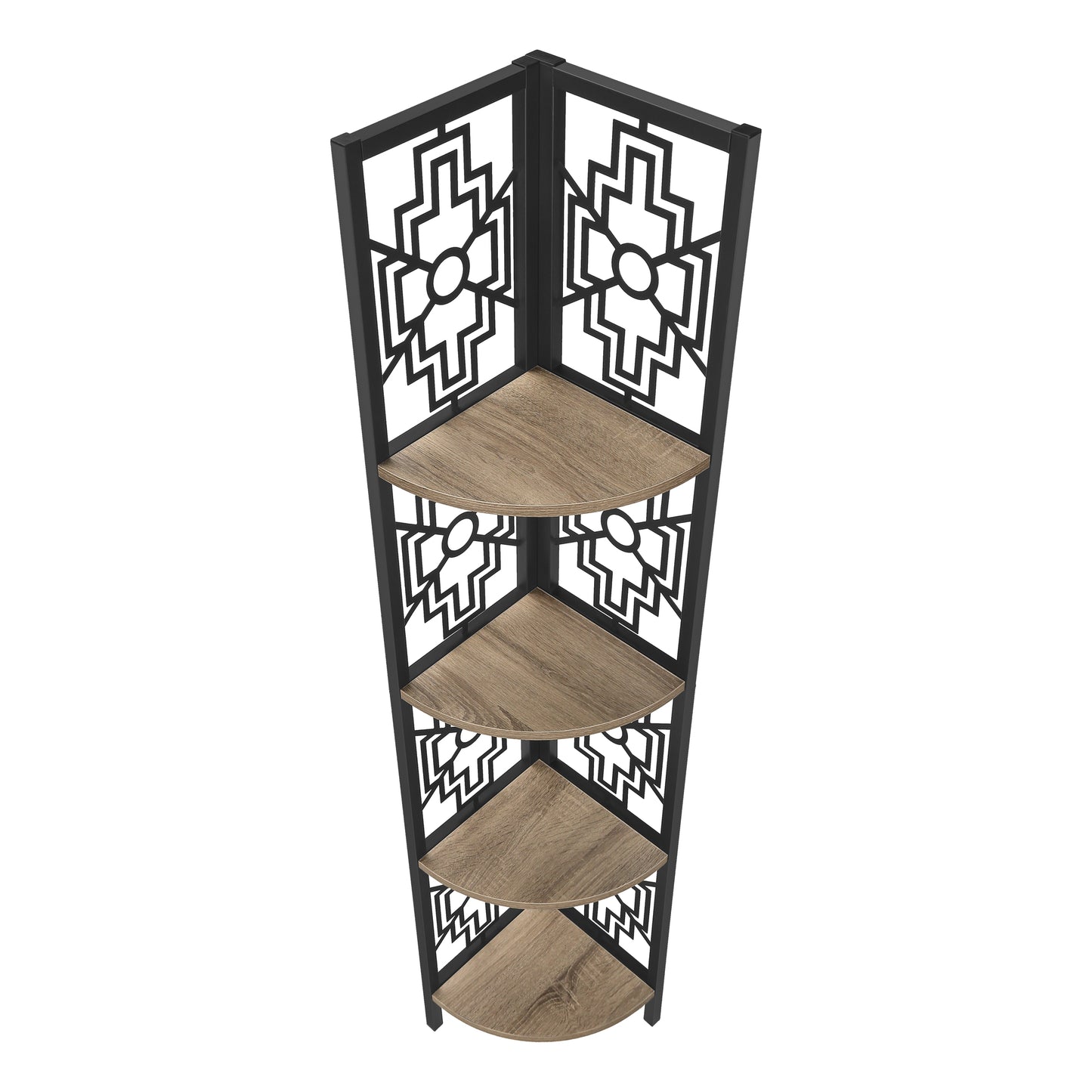 Black metal corner shelf with wood shelves and geometric cutouts