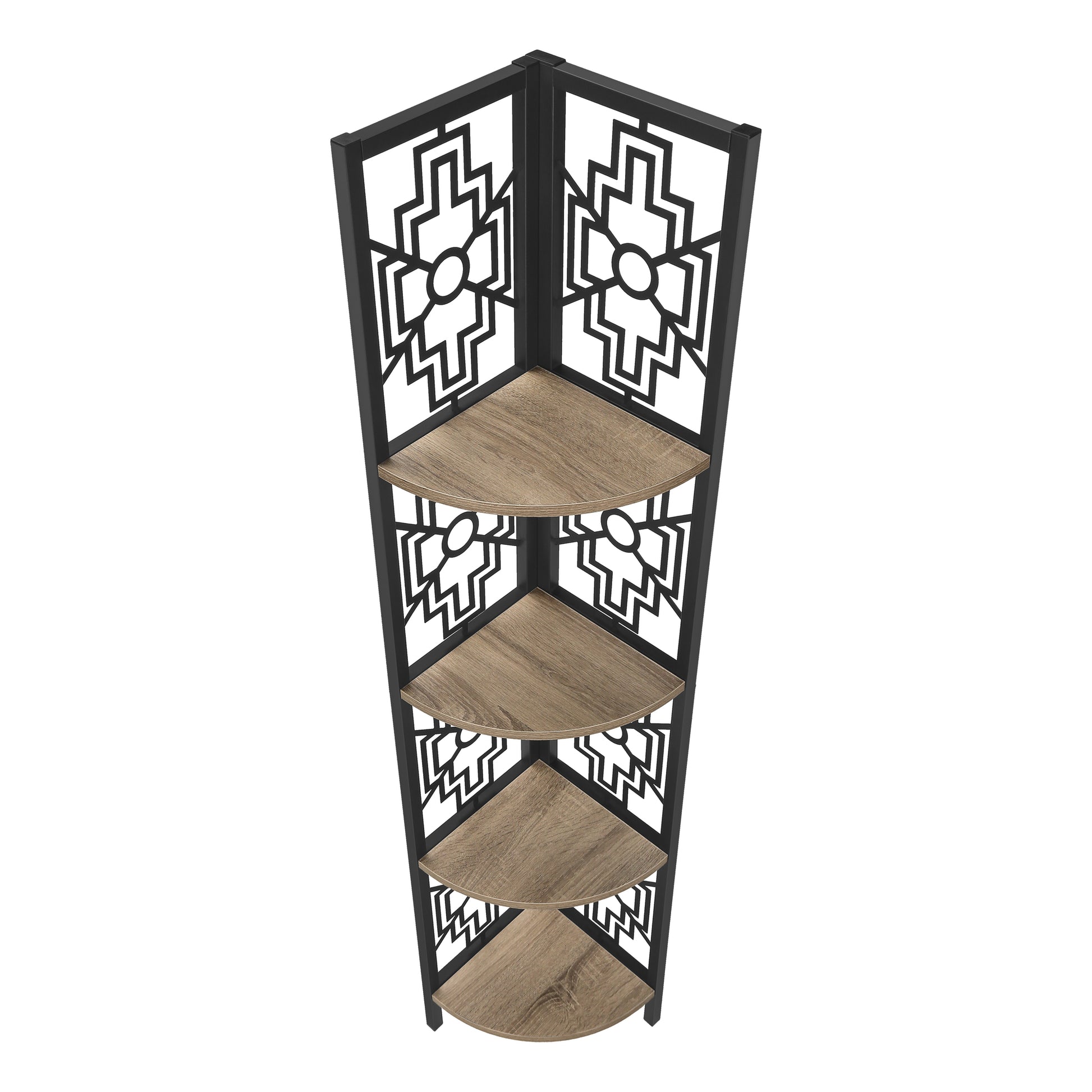 Black metal corner shelf with wood shelves and geometric cutouts