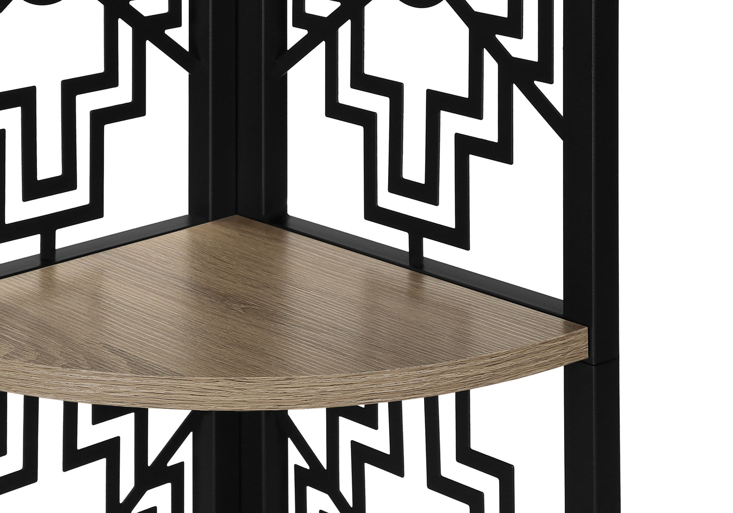 Corner shelf with oak wood veneer and black geometric metal frame