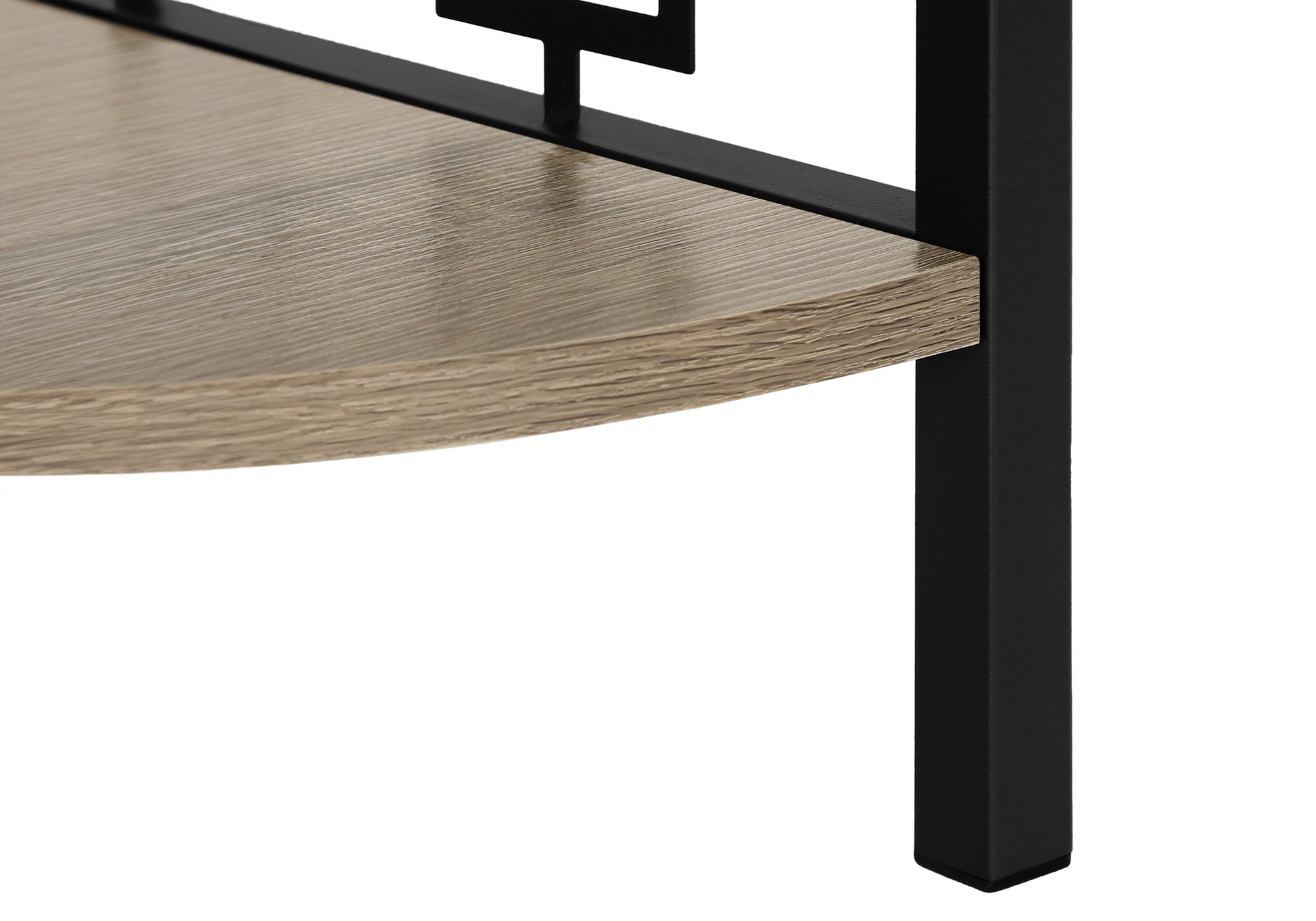 Rustic wood grain shelf with black metal frame