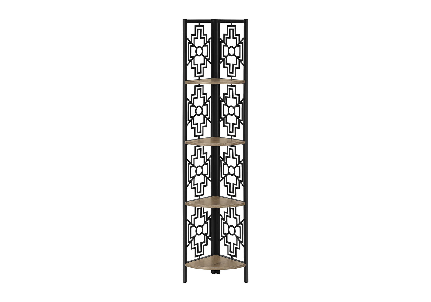 Black metal corner shelf with geometric cutouts and wood laminate shelves