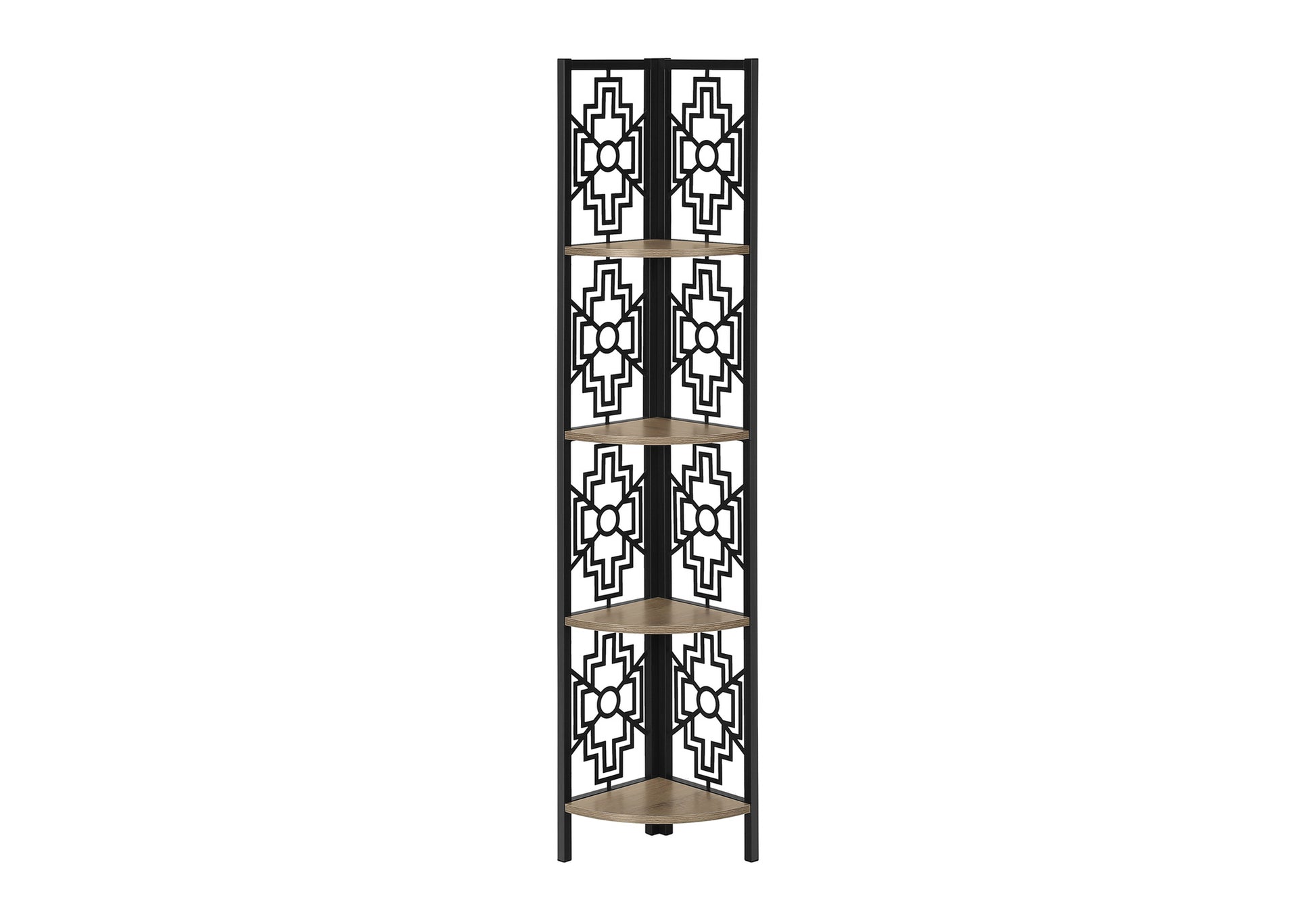 Black metal corner shelf with geometric cutouts and wood laminate shelves