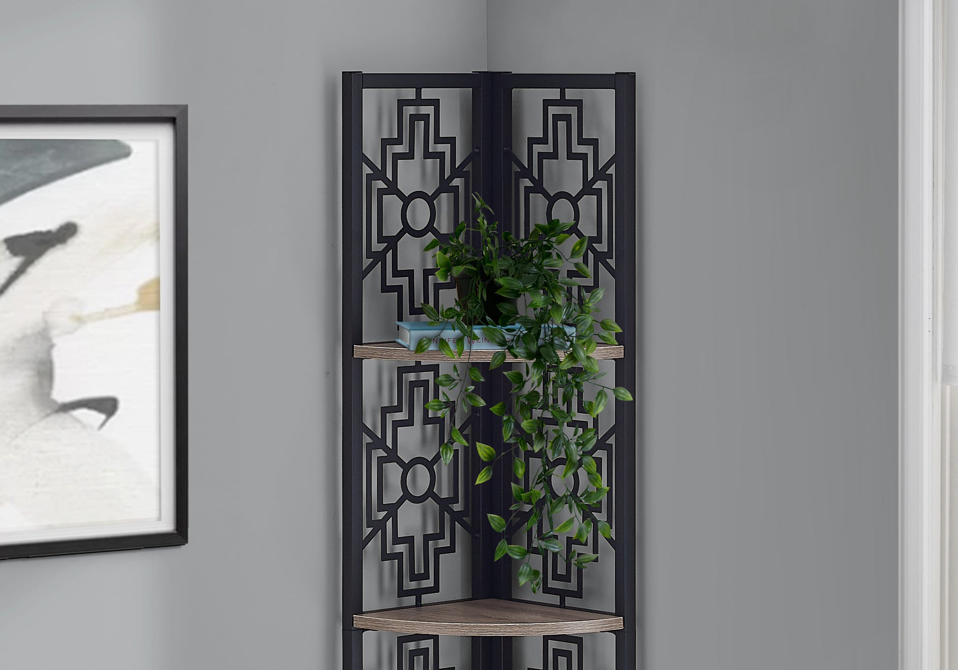 Black metal corner shelving unit with geometric pattern and wooden shelves