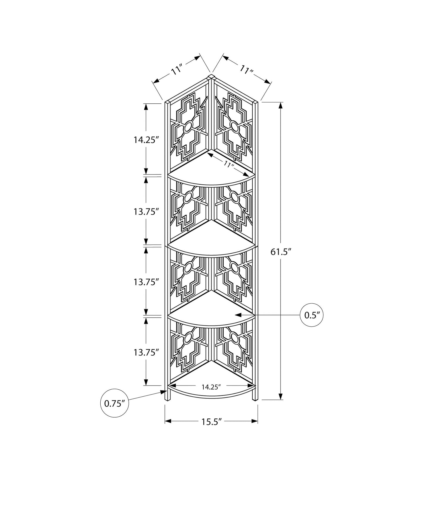 Line drawing of a tier corner shelf unit with dimensions labeled