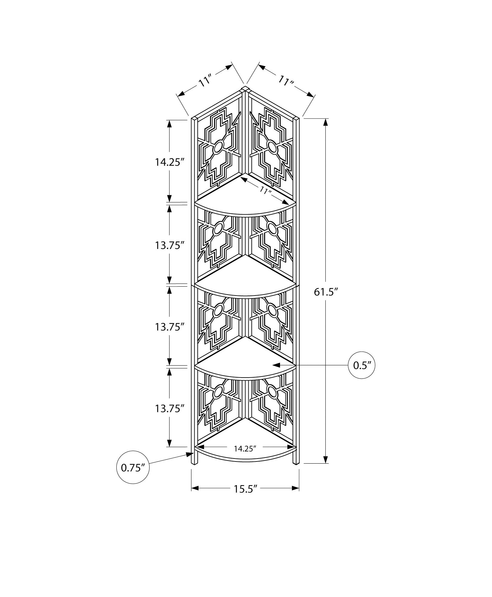 Line drawing of a tier corner shelf unit with dimensions labeled