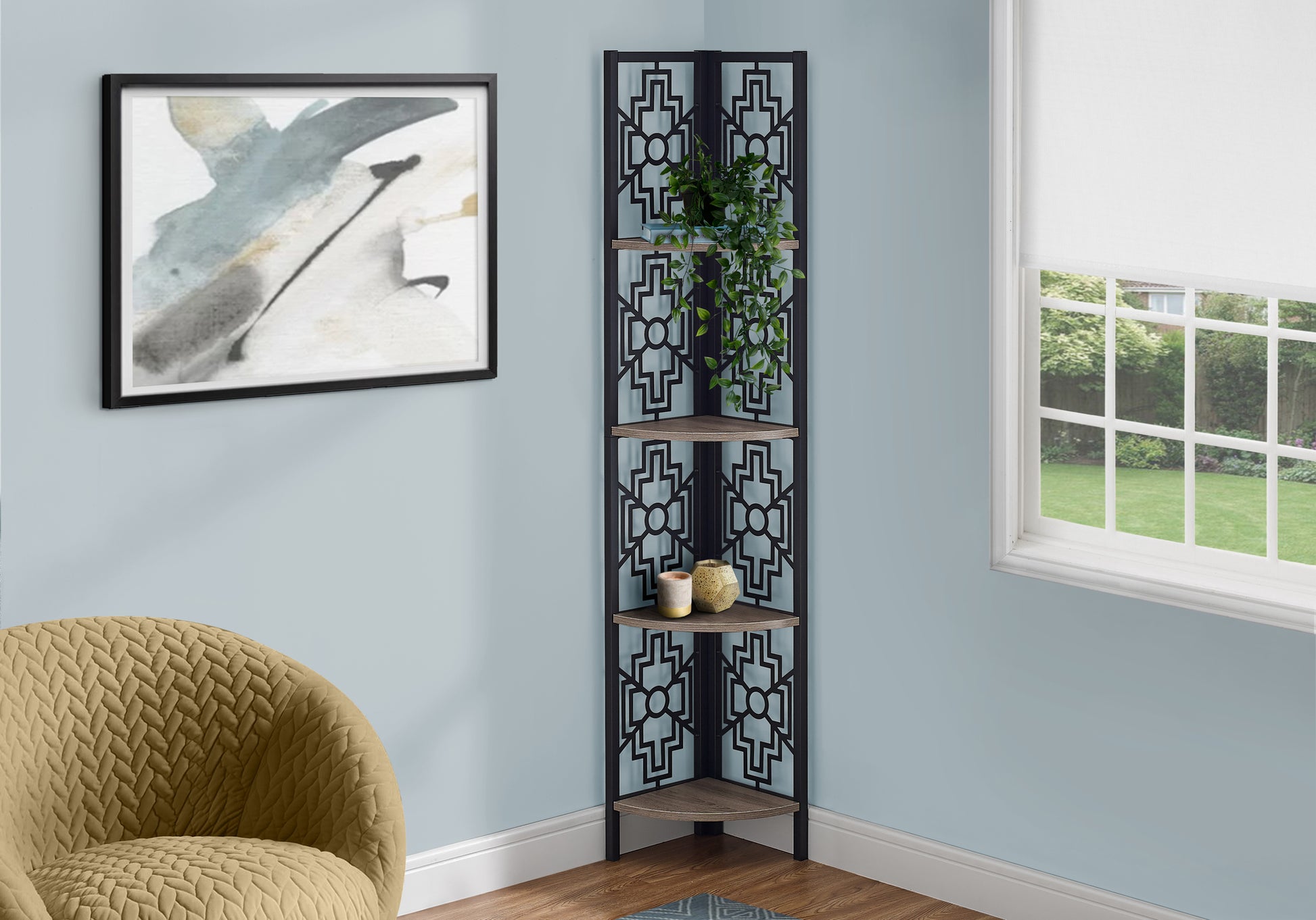 Black metal corner shelf with geometric cutouts and woodlook shelves