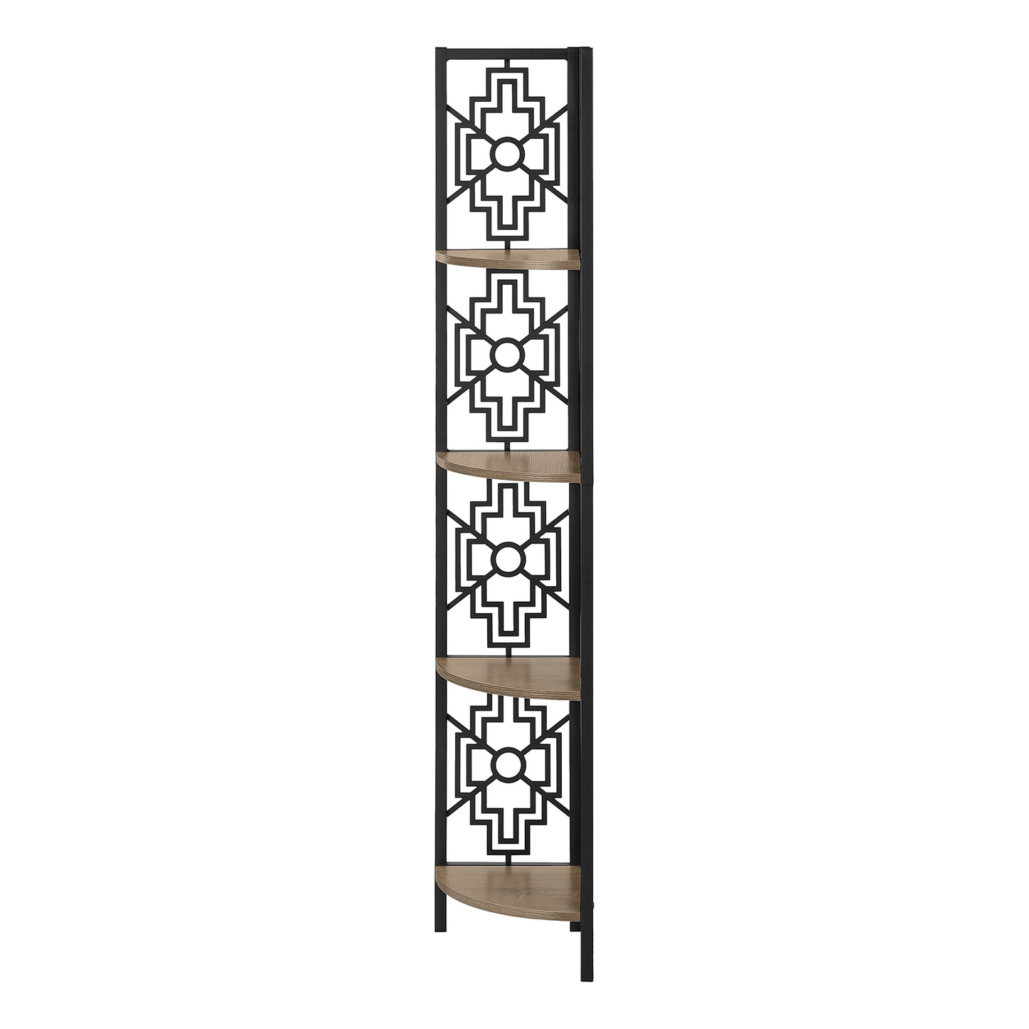 Black metal corner shelf with geometric cutouts and light oak shelves